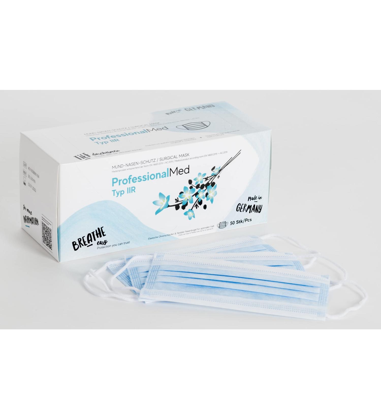 Professionalmed Type IIR OP Mask & Medical Mouth-Nose Protection - Oeko-Tex & Dermatest Certified - Made in Germany - Blue/White - International Shipping Available - Buy Online on SooperMarket.com