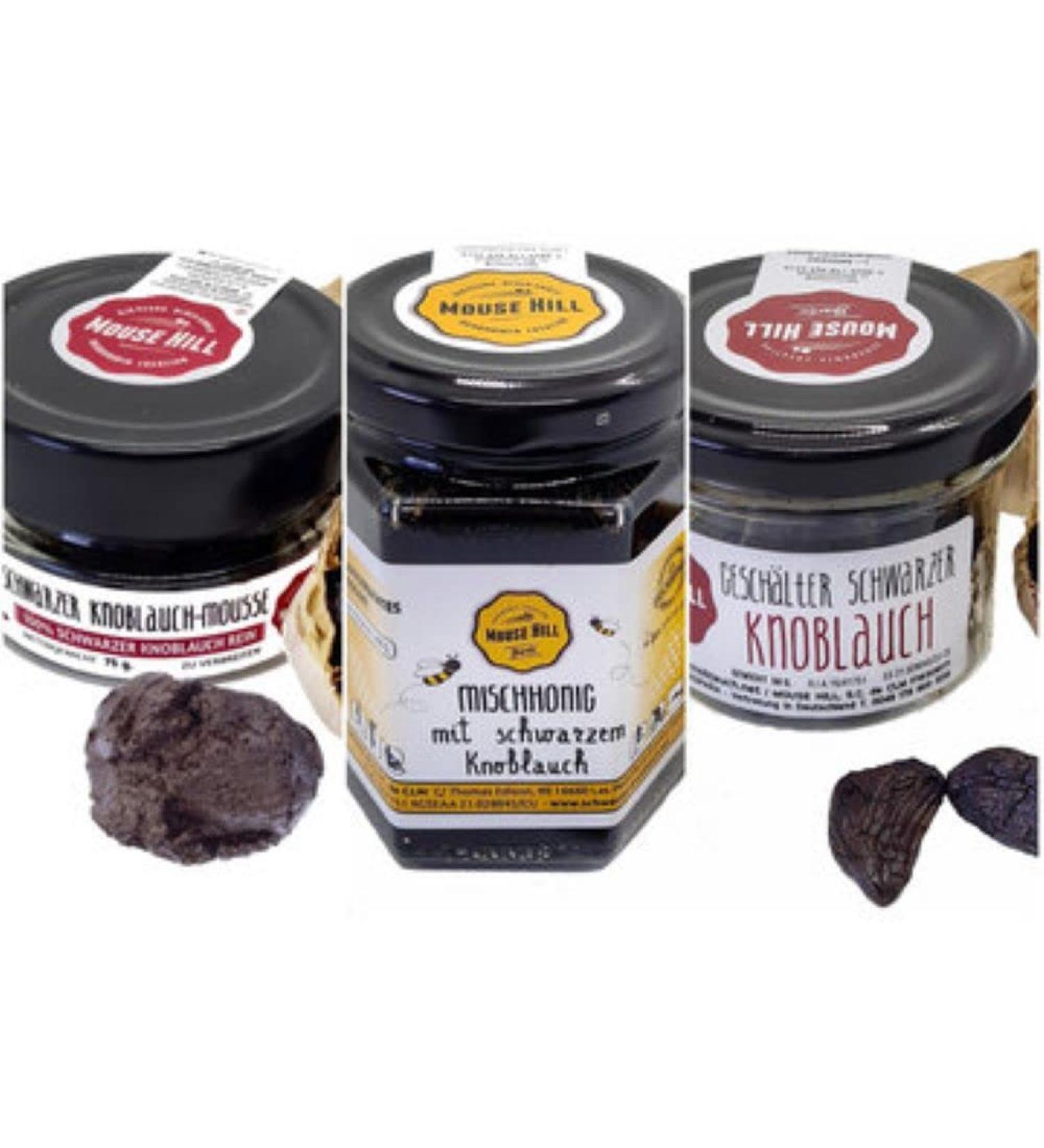 Tasting package consisting of honey mousse and peeled cloves - all with/from black garlic - fermented for 90 days - from Las Pedroneras Spain - Buy Online on SooperMarket.com