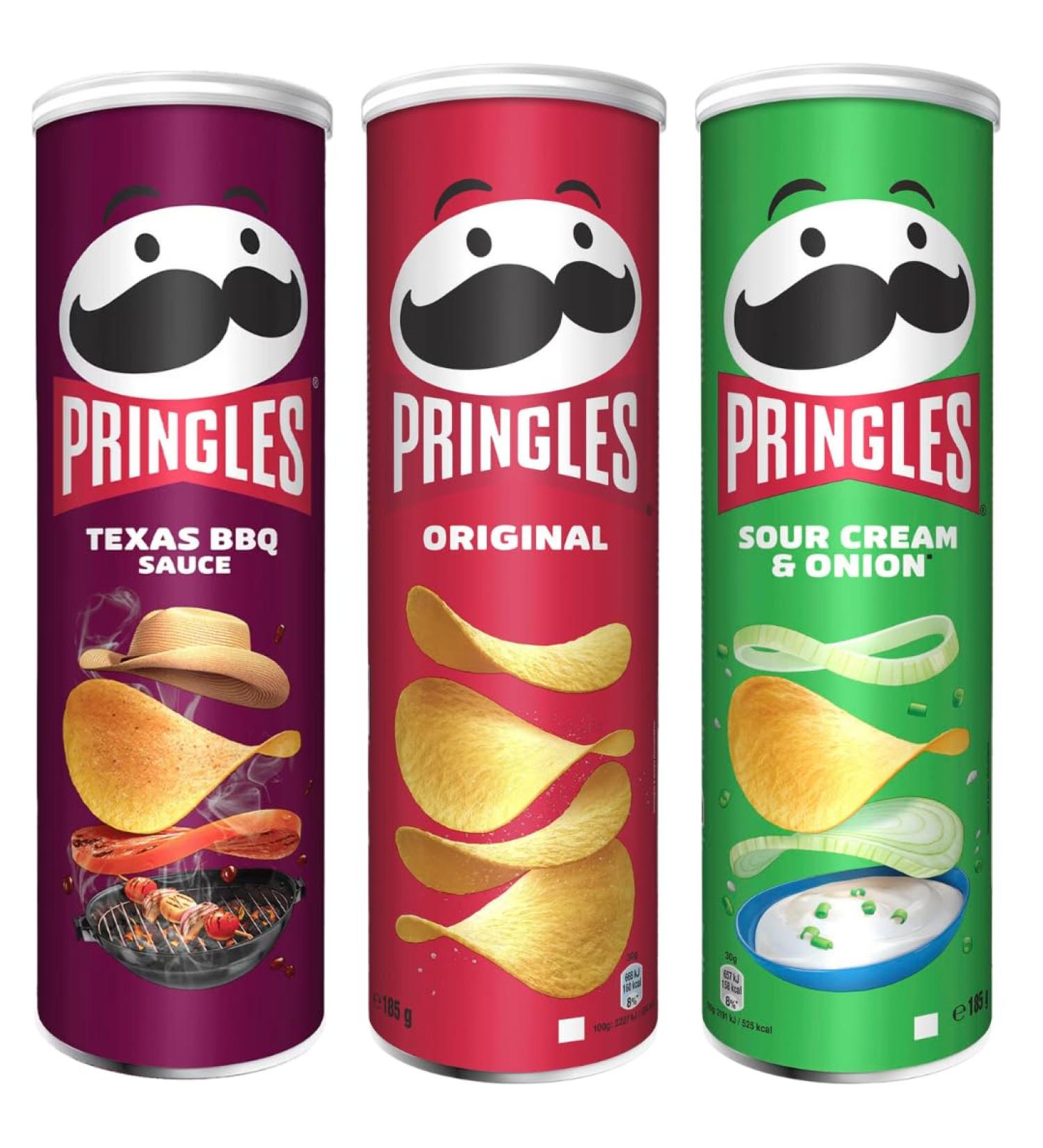 Pringles Original Tub 185g With Texas BBQ Tub 185g & Sour Cream & Onion Tub 185g (3 Pack Mixed Bundle) - Buy Online on SooperMarket.com