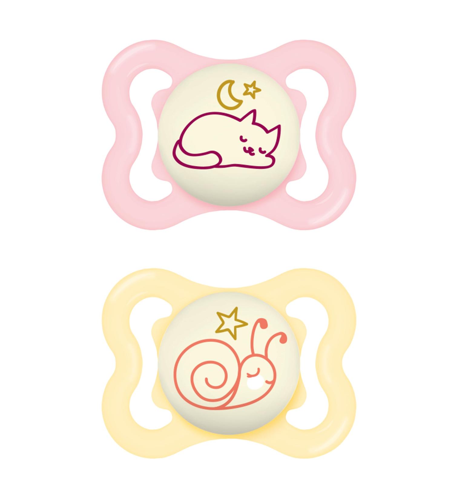 MAM SUPREME Night Pacifiers Set of 2 | Bright Baby Pacifiers for Healthy Dental Development | 0-6 Months with Skin Irritation Prevention & Box - Cat/Snail Design - Buy Online on SooperMarket.com