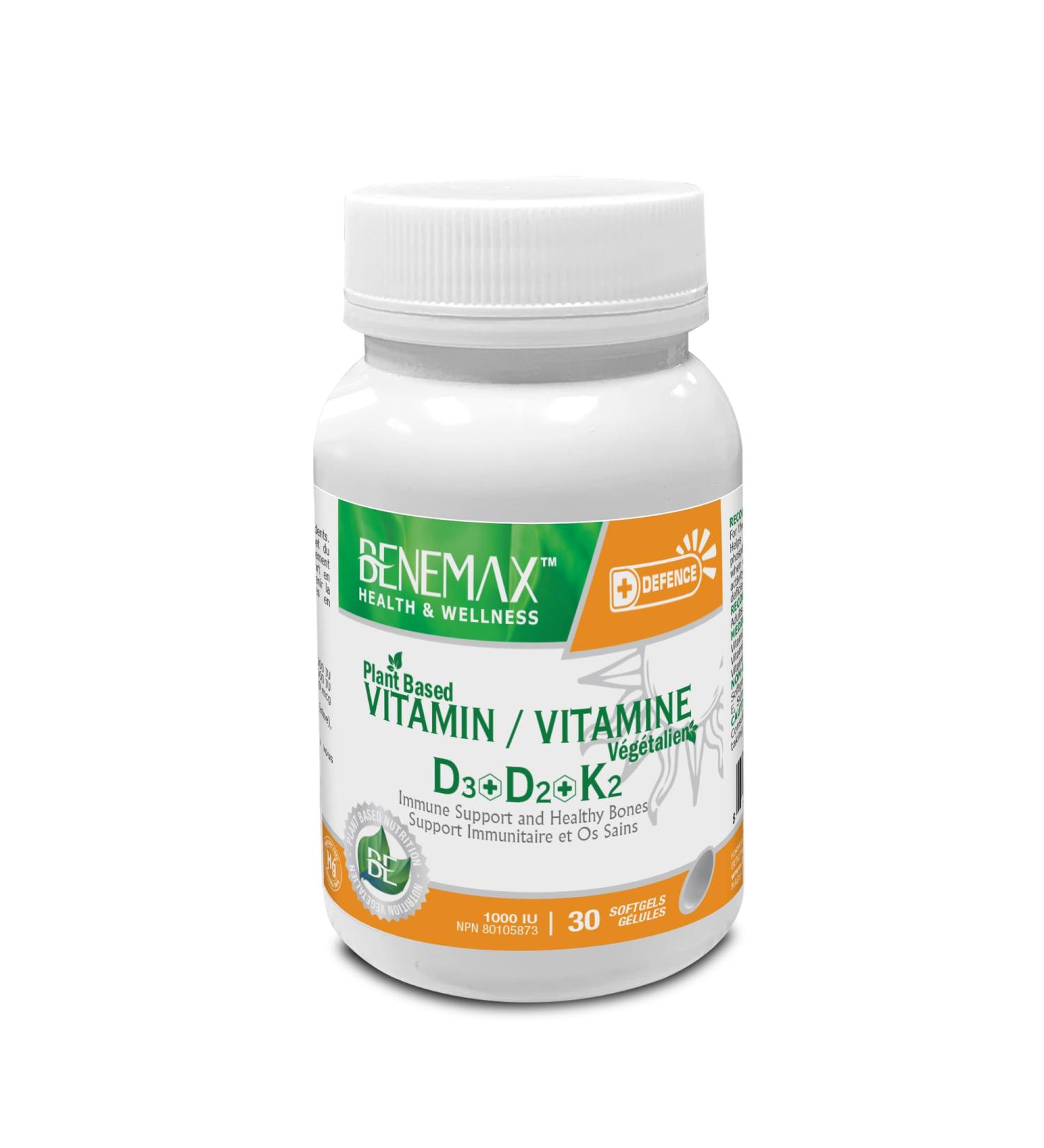 Benemax High-Potency Plant-Based Vitamin D3 + D2 + K2 (500IU + 500IU - 120mcg) Supports Bone Teeth & Heart Health. Natural Immune Support. 30 Easy to Swallow Capsules. Made in Canada! - Buy Online on SooperMarket.com