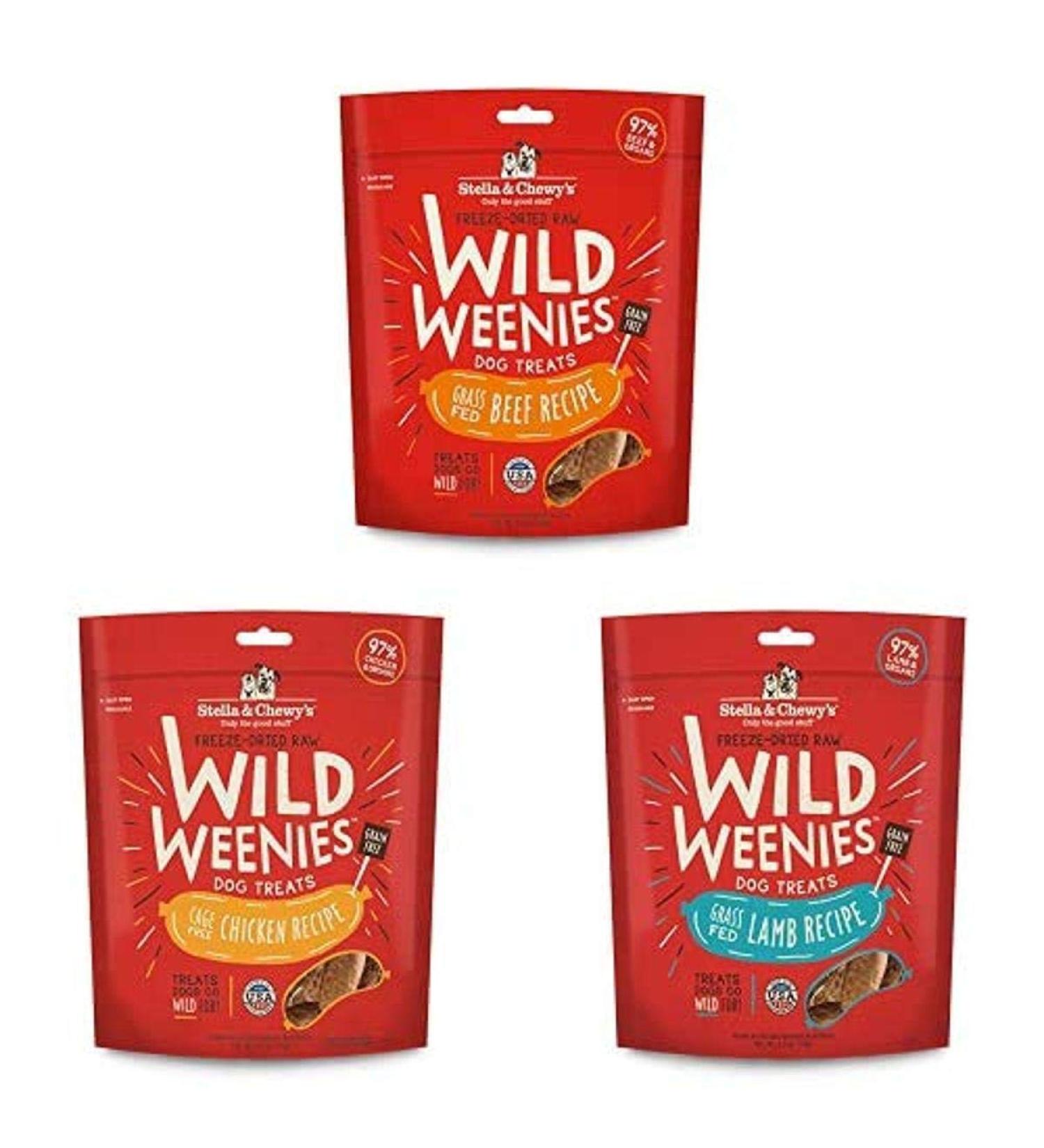 Stella & Chewy's Freeze-Dried Raw Wild Weenies Dog Treats (Bundle of 3, 3.25 oz. Bags) - Beef, Chicken, Lamb