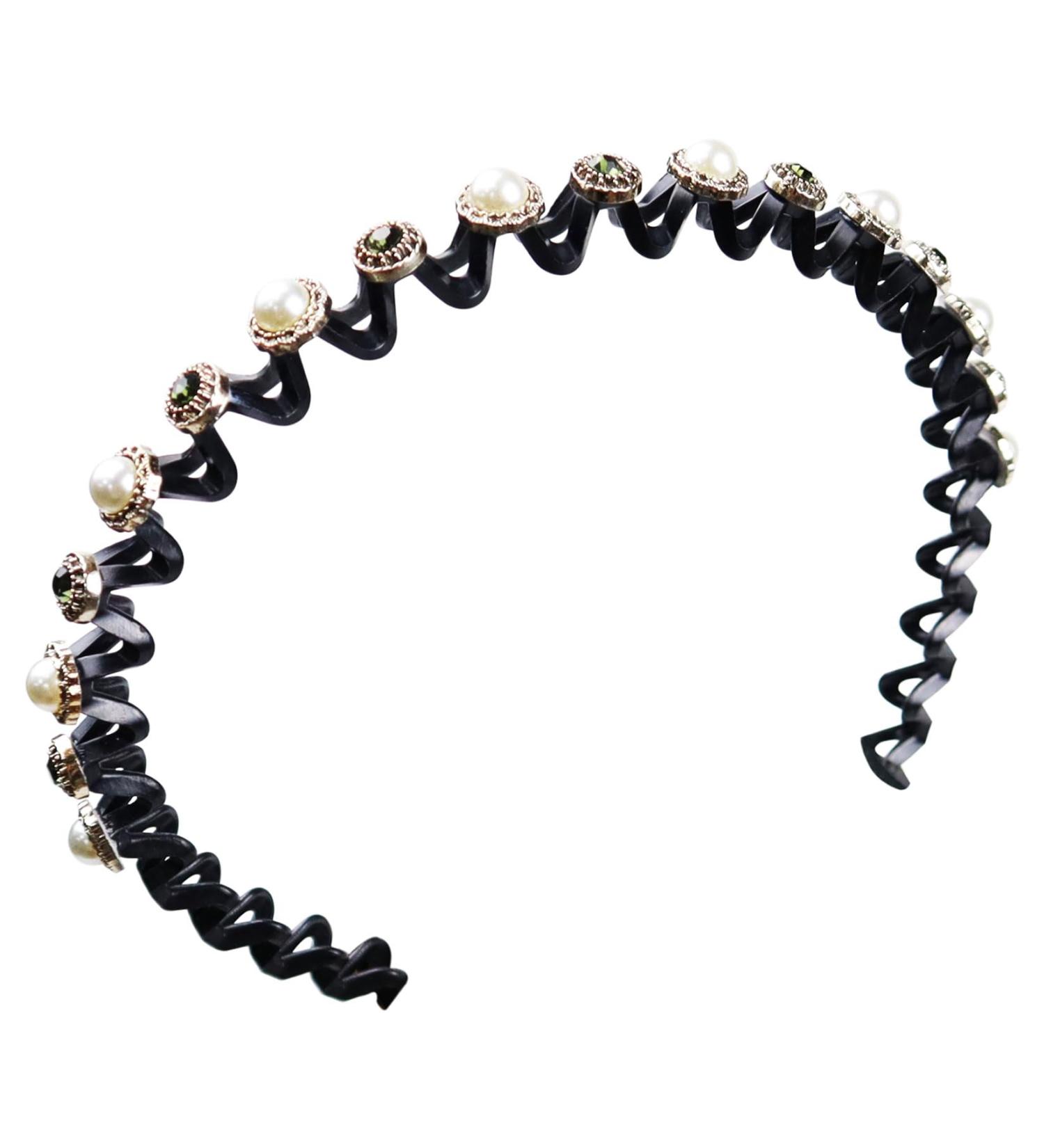 Faux Pearl and Rhinestone Headband Wavy Plastic Hairband Stretchy Beaded Hair Hoops for Women Girls Hair Styling Accessories - Buy Online on SooperMarket.com