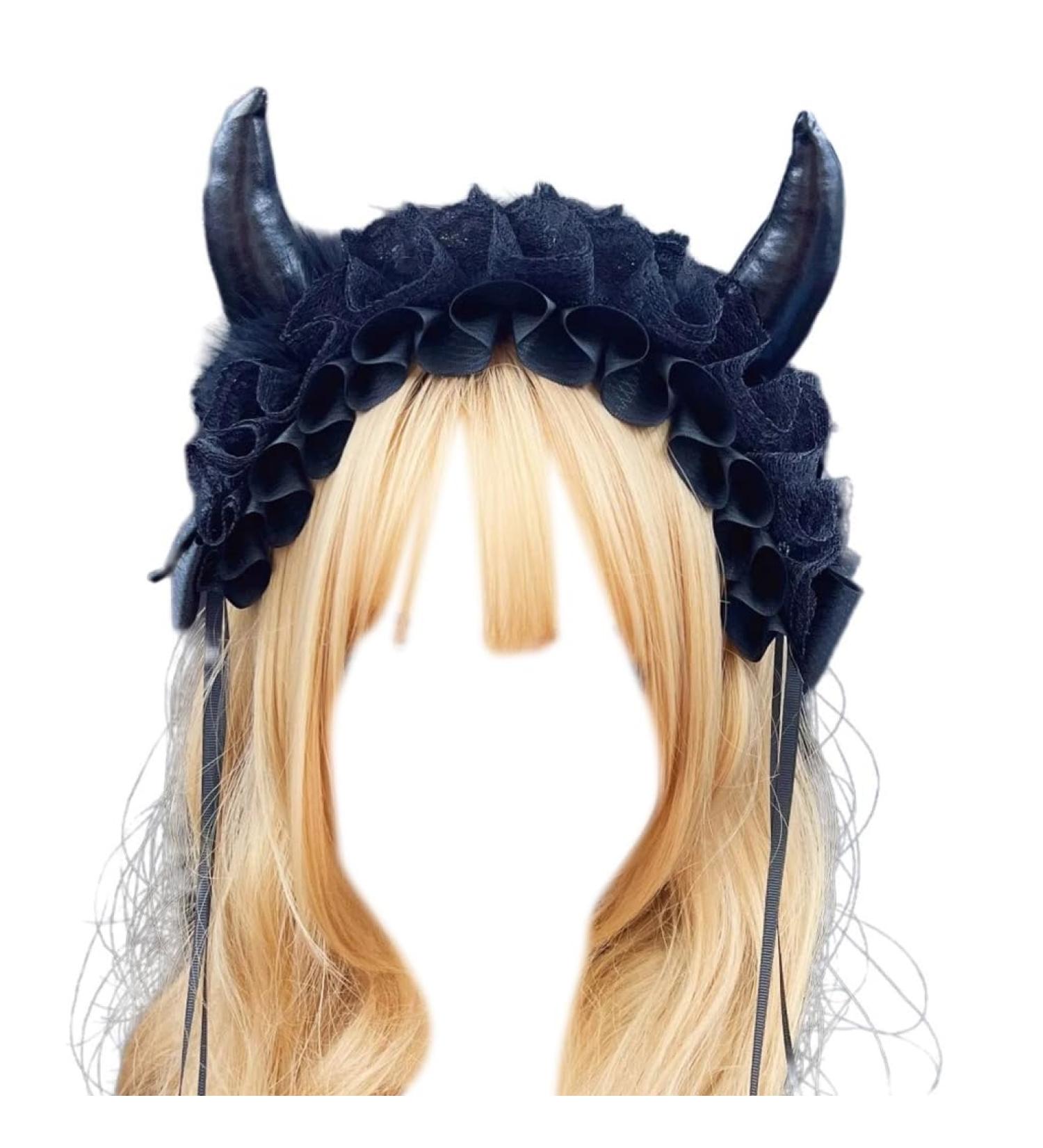 JSGHGDF Creative Spooky Devil Horn Shape Hairband Women Pleated Lace Makeup Skincare Headband for Halloween Photography Hairband Black - Buy Online on SooperMarket.com
