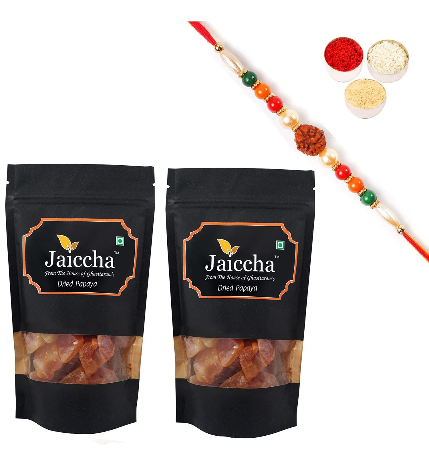 Jaiccha Ghasitaram Rakhi Gifts for Brothers Rakhi Dryfruits - Dried Papaya 400 GMS in Black Paper Pouch with Rudraksh Rakhi - Buy Online on SooperMarket.com