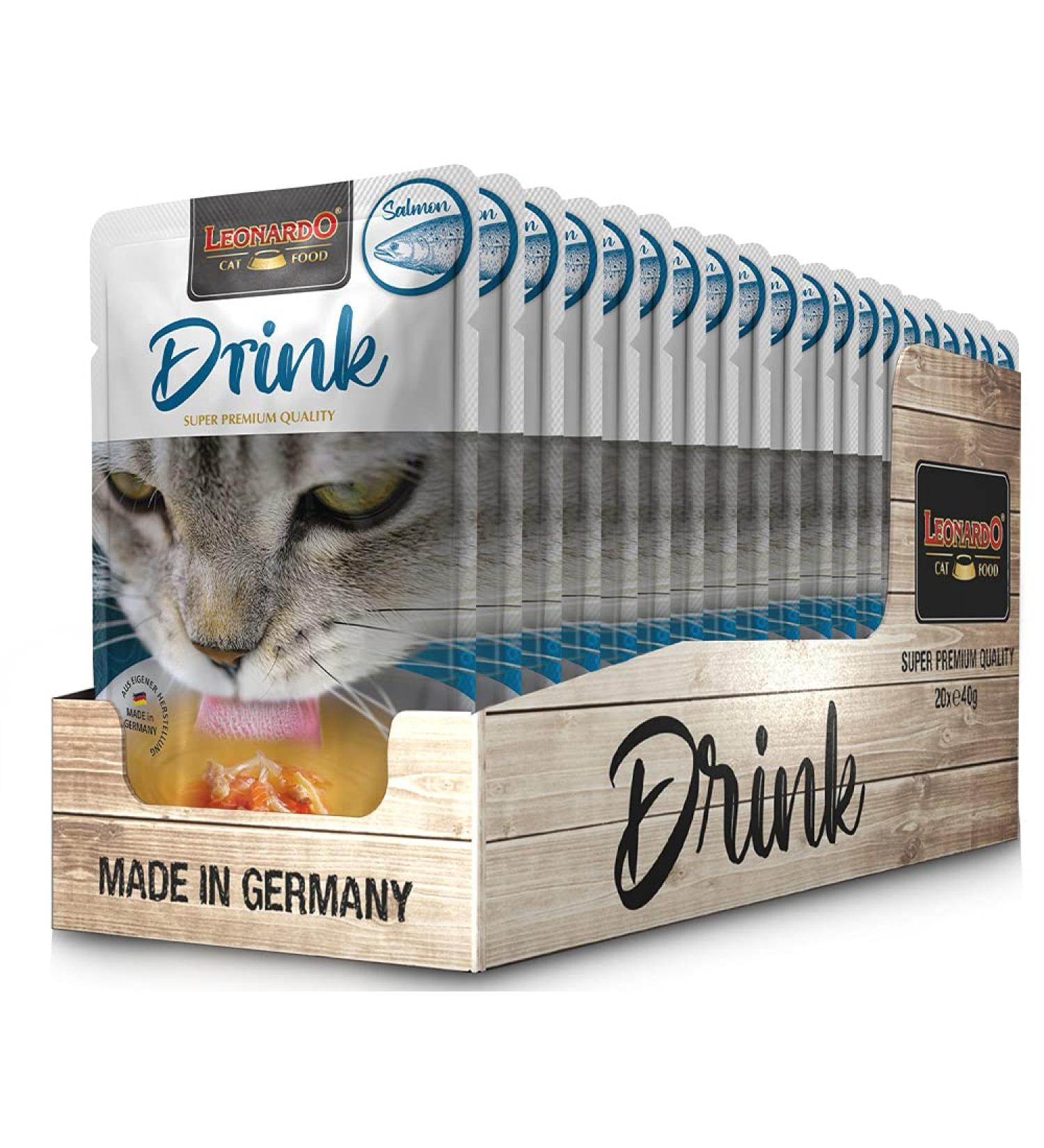 Leonardo Drink Salmon 20x40g Multipack | Cereal-Free Meat Broth with Strips of Meat | Premium Supplementary Cat Feed - Buy Online on SooperMarket.com