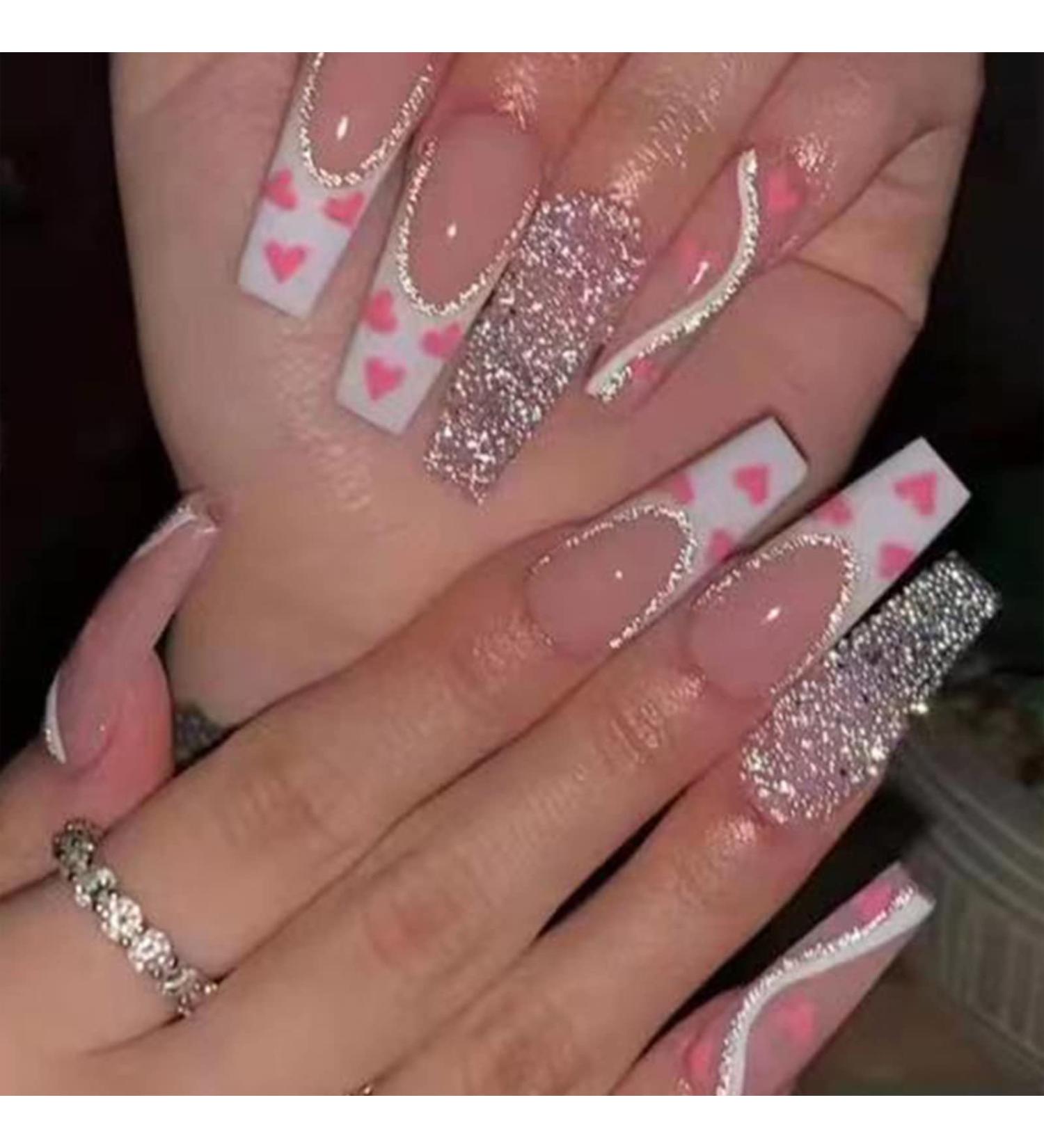 Luvadeyo 24pcs Coffin Long Press on Nails - Shiny Full Cover Pink Heart Acrylic Fake Nails for Women & Girls - Buy Online on SooperMarket.com