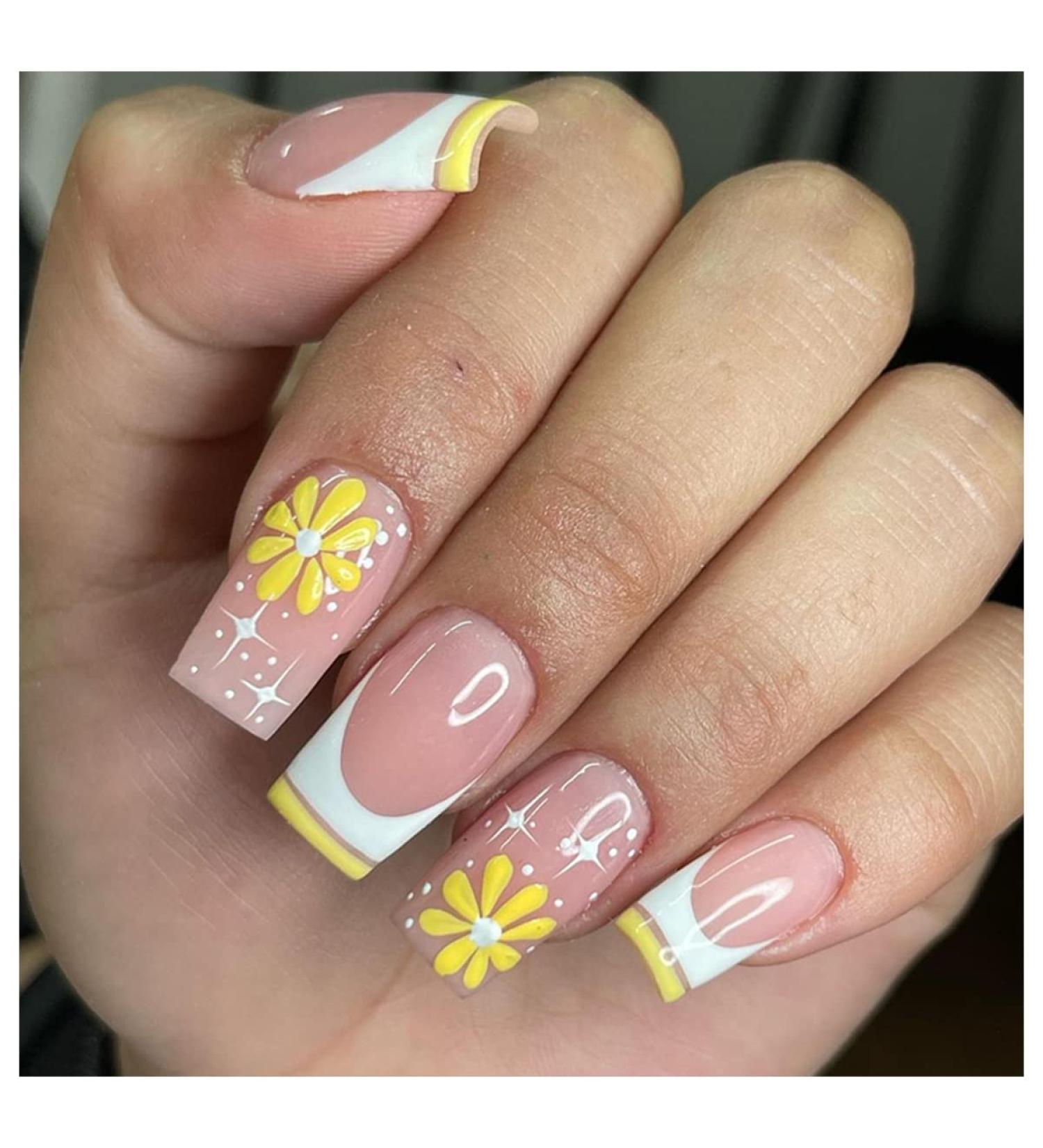 24Pcs Medium Square French Tip Yellow Flower Star Press on Nails | Acrylic False Nails for Women - Glossy Full Cover Design - Buy Online on SooperMarket.com