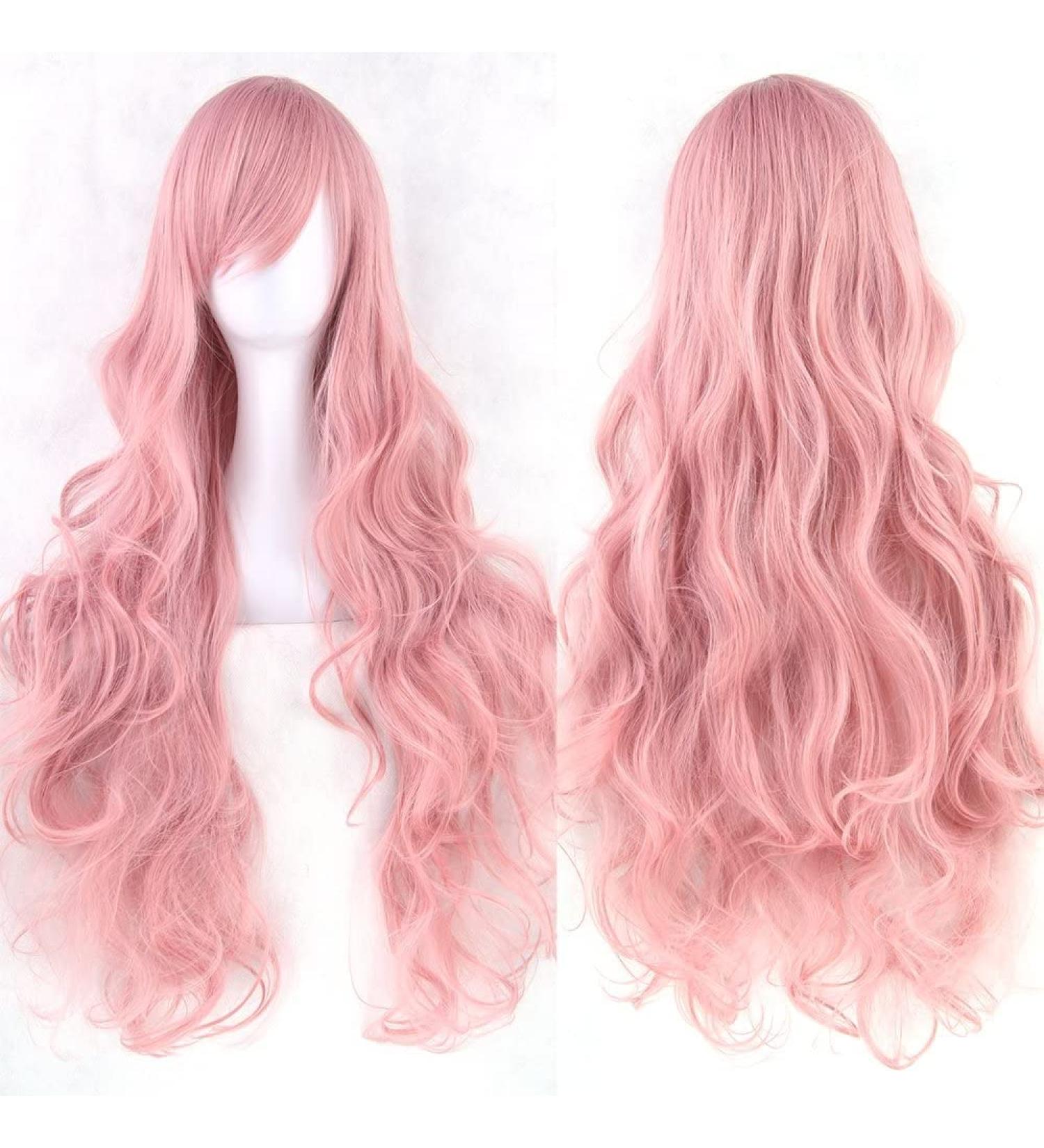 YEESHEDO 32 Inch Long Wavy Curly Cosplay Wig with Bangs - Heat Resistant Synthetic Hair for Women - Pink - Buy Online on SooperMarket.com
