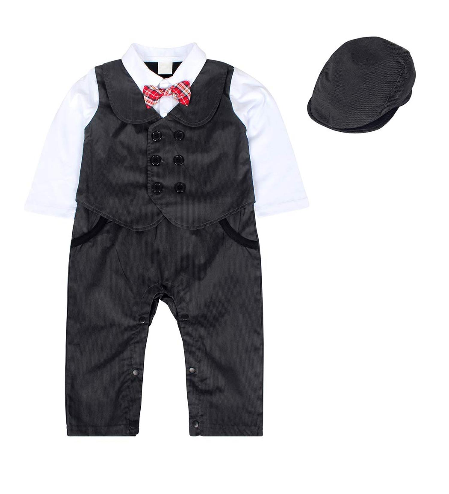 AmzBarley Baby Boys Tuxedo Romper Suit | Gentleman Outfit for Kids | Birthday Party Dress Shirt Pants Vest Bowtie | Black 18-24 Months - Buy Online on SooperMarket.com