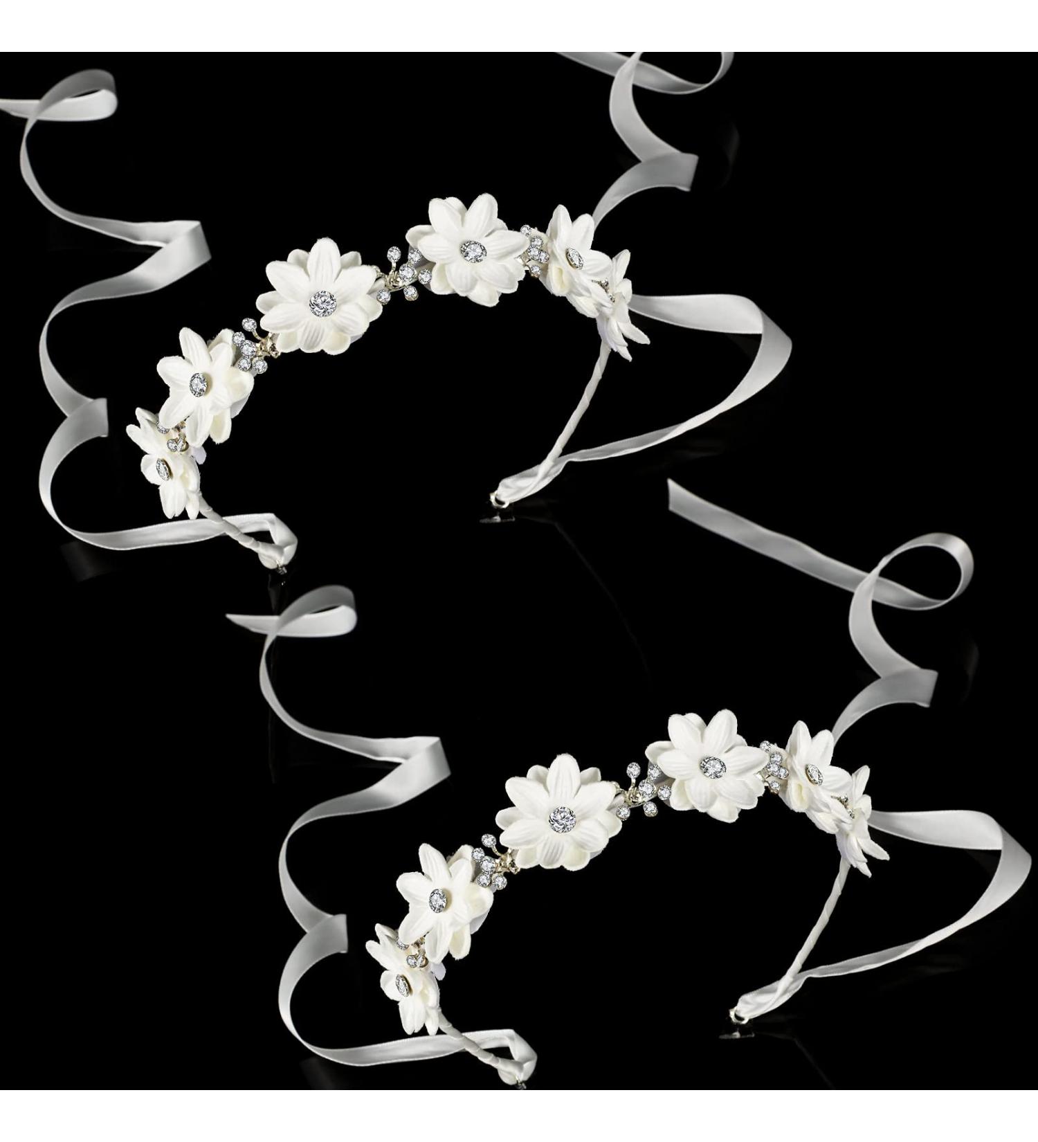 Syhood 2-Piece Elegant White Flower Headband with Ribbon and Rhinestones for Girls - Perfect for Weddings, Parties, and Special Occasions - Buy Online on SooperMarket.com