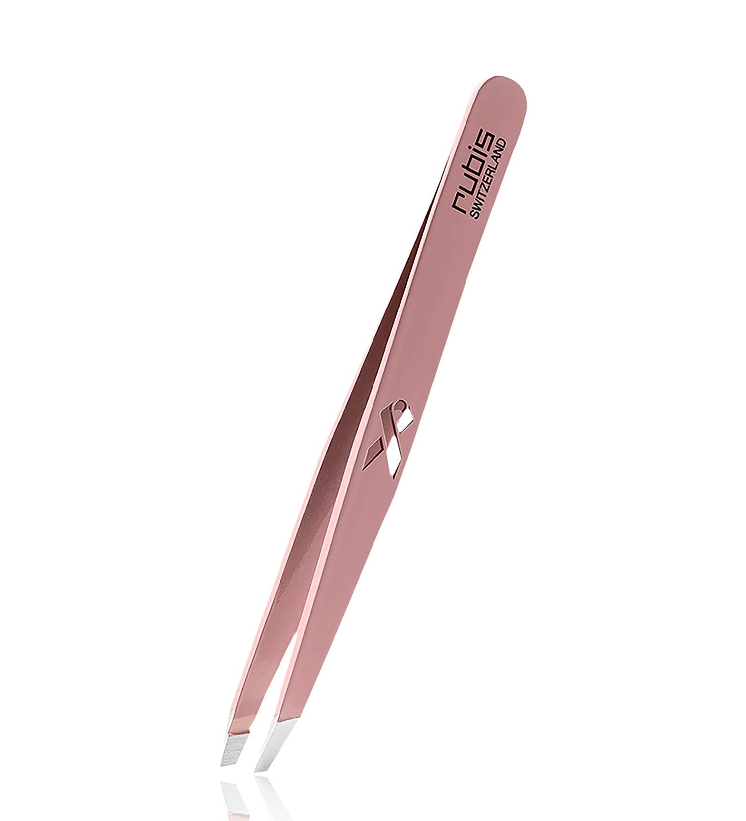 Rubis Pink Slanted Tweezers - Engraved Breast Cancer Ribbon | Premium Cosmetic Tools - International Shipping - Buy Online on SooperMarket.com