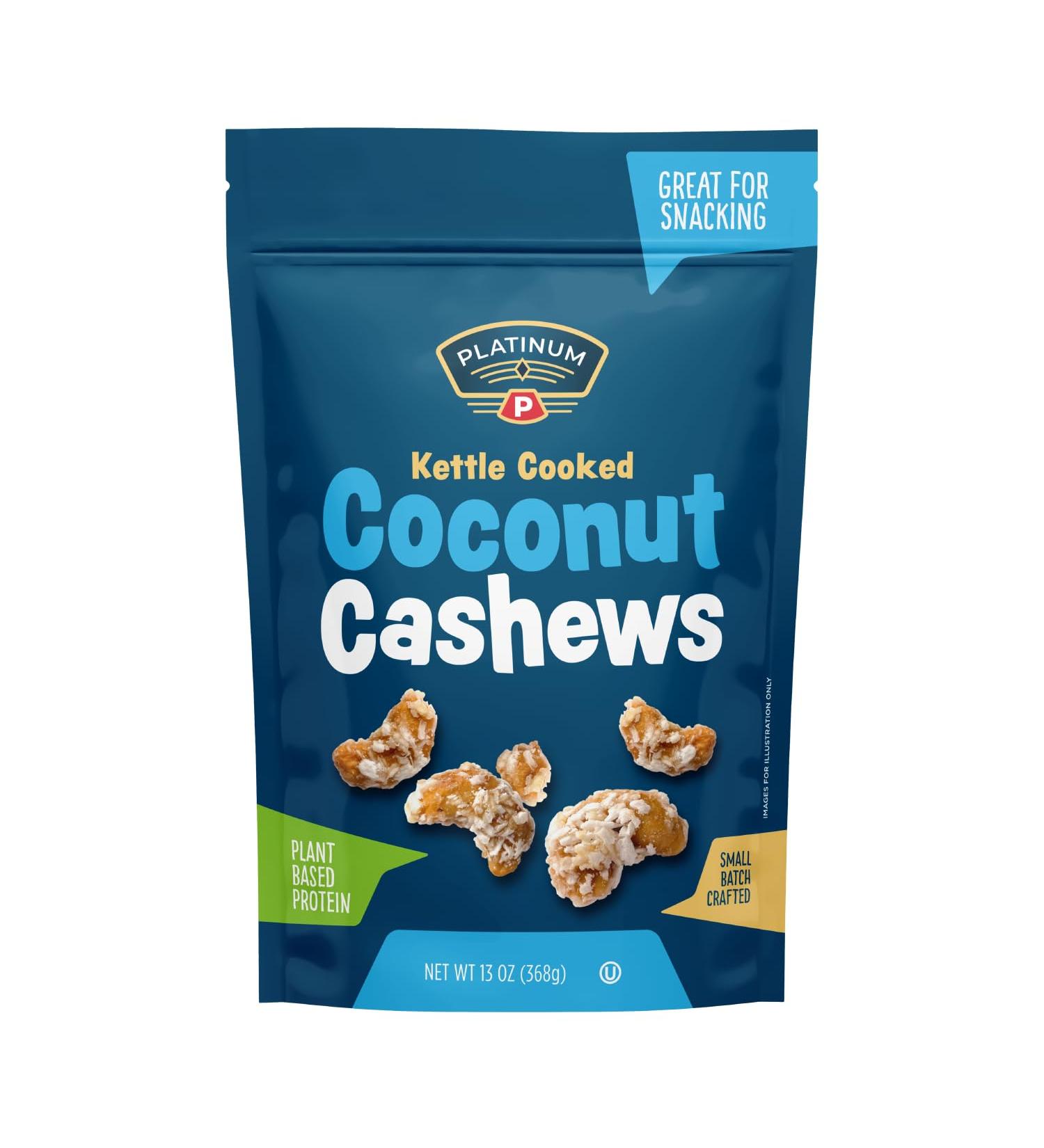 Platinum Kettle Cooked Coconut Cashews - Plant-Based Protein Snack | Healthy Fiber | 13 oz Resealable Pouch for Home Office Gym & School - Ship Internationally - Buy Online on SooperMarket.com