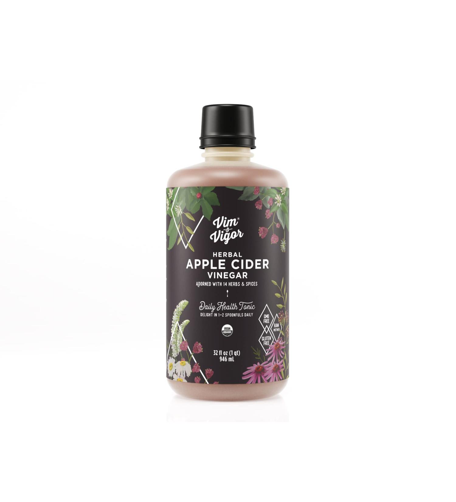 Vim & Vigor Apple Cider Vinegar Herbal Tonic Shots - Certified Organic USA Made - 32oz Bottle for 32 Day Supply - Buy Online on SooperMarket.com