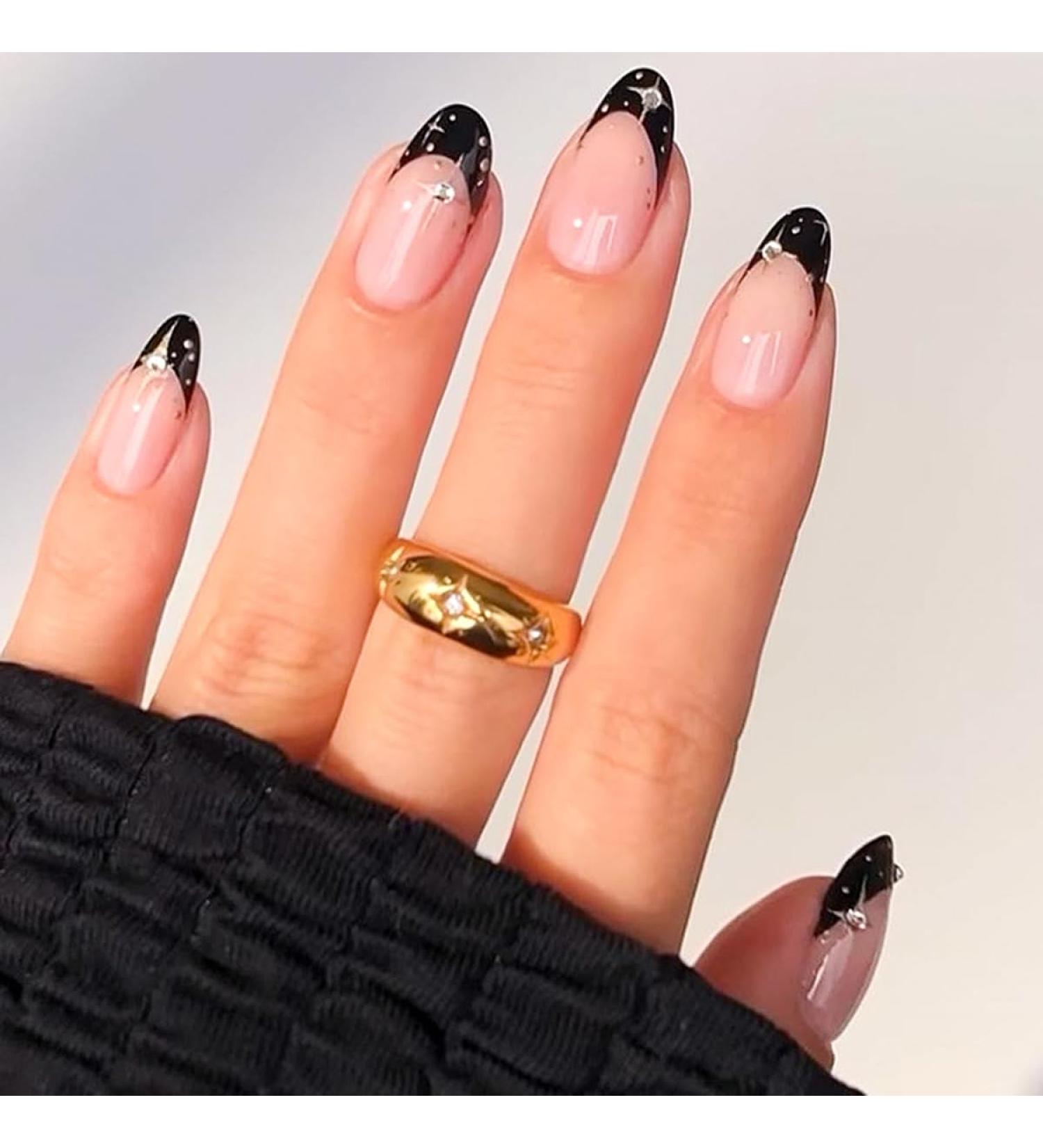 Buy Black French Tip Press On Nails - 24pcs Star Silver Diamond Design Glossy Reusable Artificial Nails for Women - Perfect DIY Manicure - Buy Online on SooperMarket.com