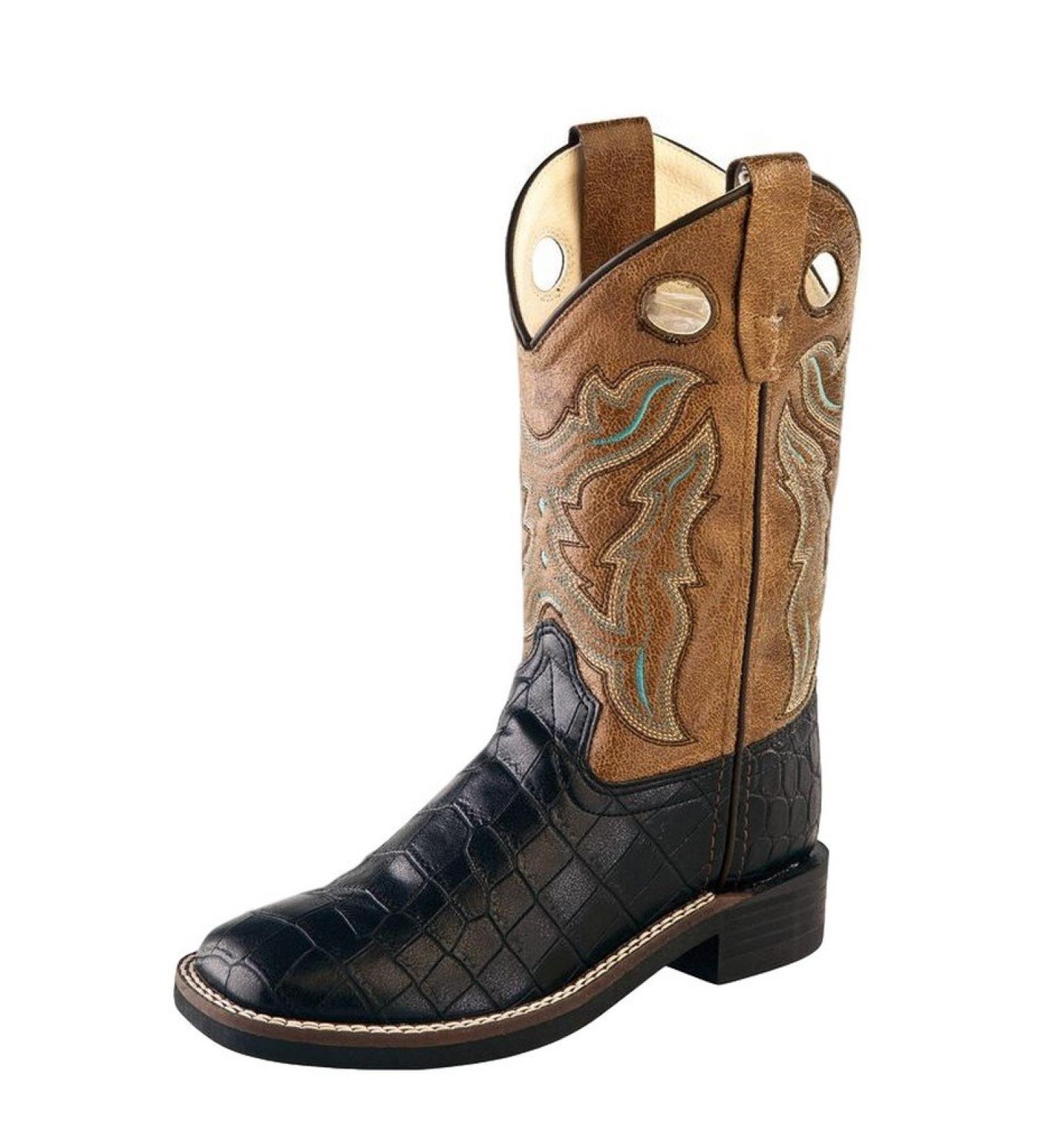 OLD WEST Children Broad Square Toe Black Croco/Light Brown Crackle Cowboy Boot Black Croco/Light Brown 1 Little Kid