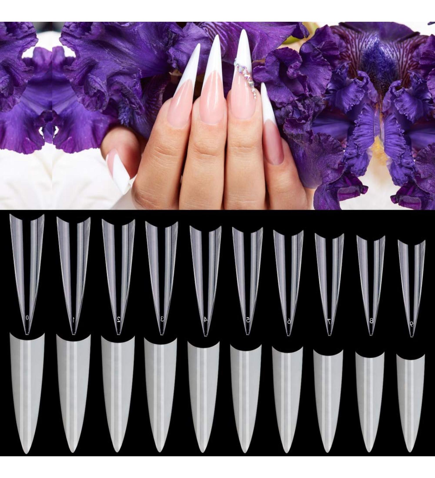 Noverlife 1200PCS C Curved Long Stiletto French False Nail Tips | 10 Sizes Half Cover Acrylic Claw Nails | Nail Art Fingernail Tips for Salon DIY | Clear & Natural - Buy Online on SooperMarket.com
