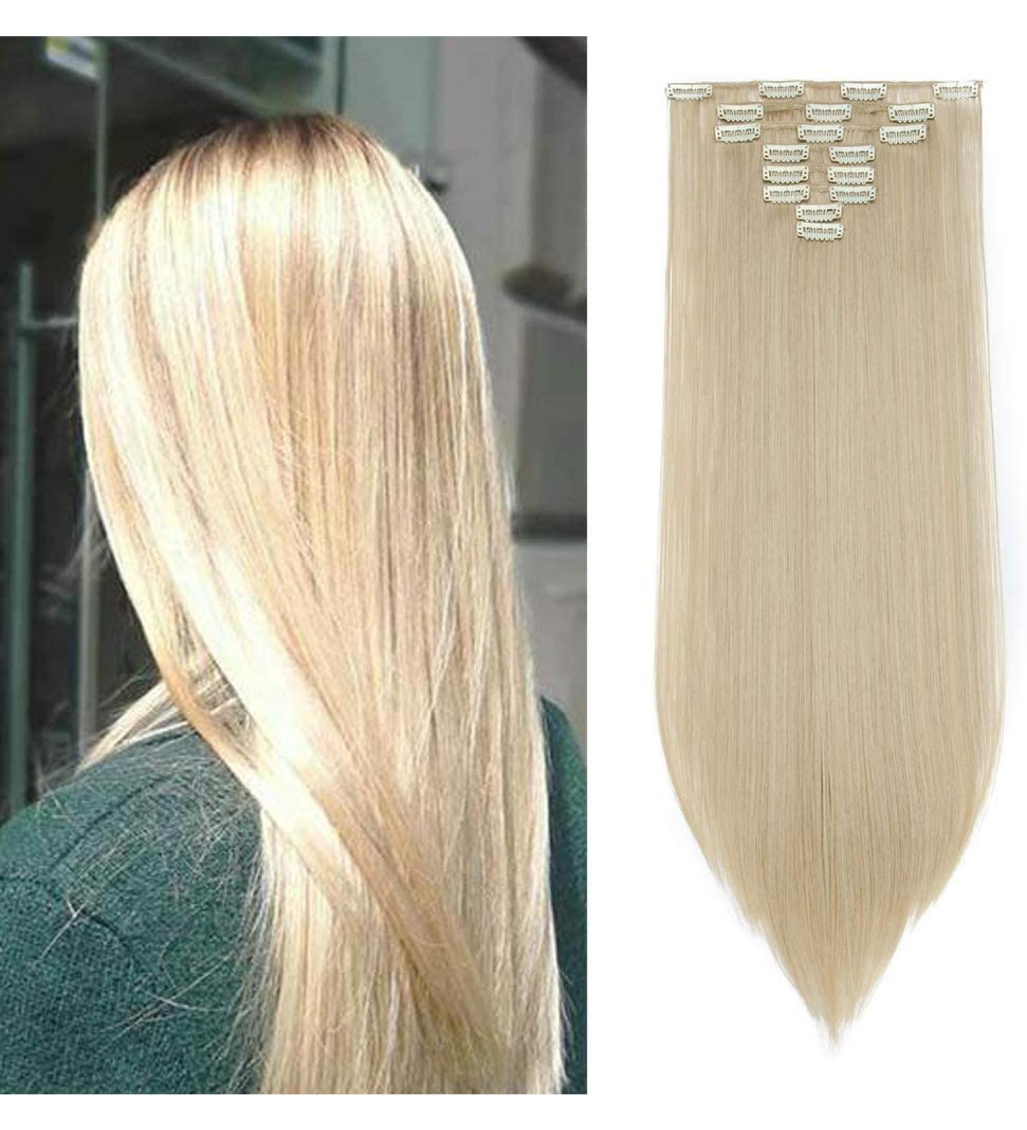 Silk-co Clip in Hair Extensions - 100% Synthetic 23 Inch Straight Blond & Bleach Blond Hairpieces - 8pcs for Full Head Coverage - Buy Online on SooperMarket.com