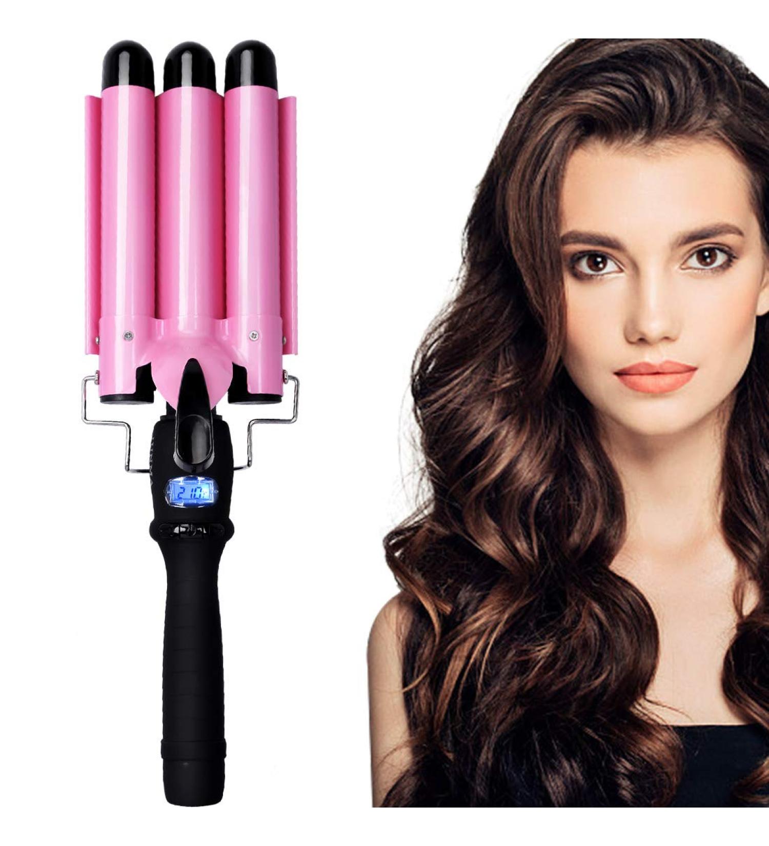 Buy 3 Barrel Waver Iron - Professional Ceramic Hair Curler with LCD Display | Pink Hair Styling Tool for Gorgeous Waves - International Shipping Available - Buy Online on SooperMarket.com