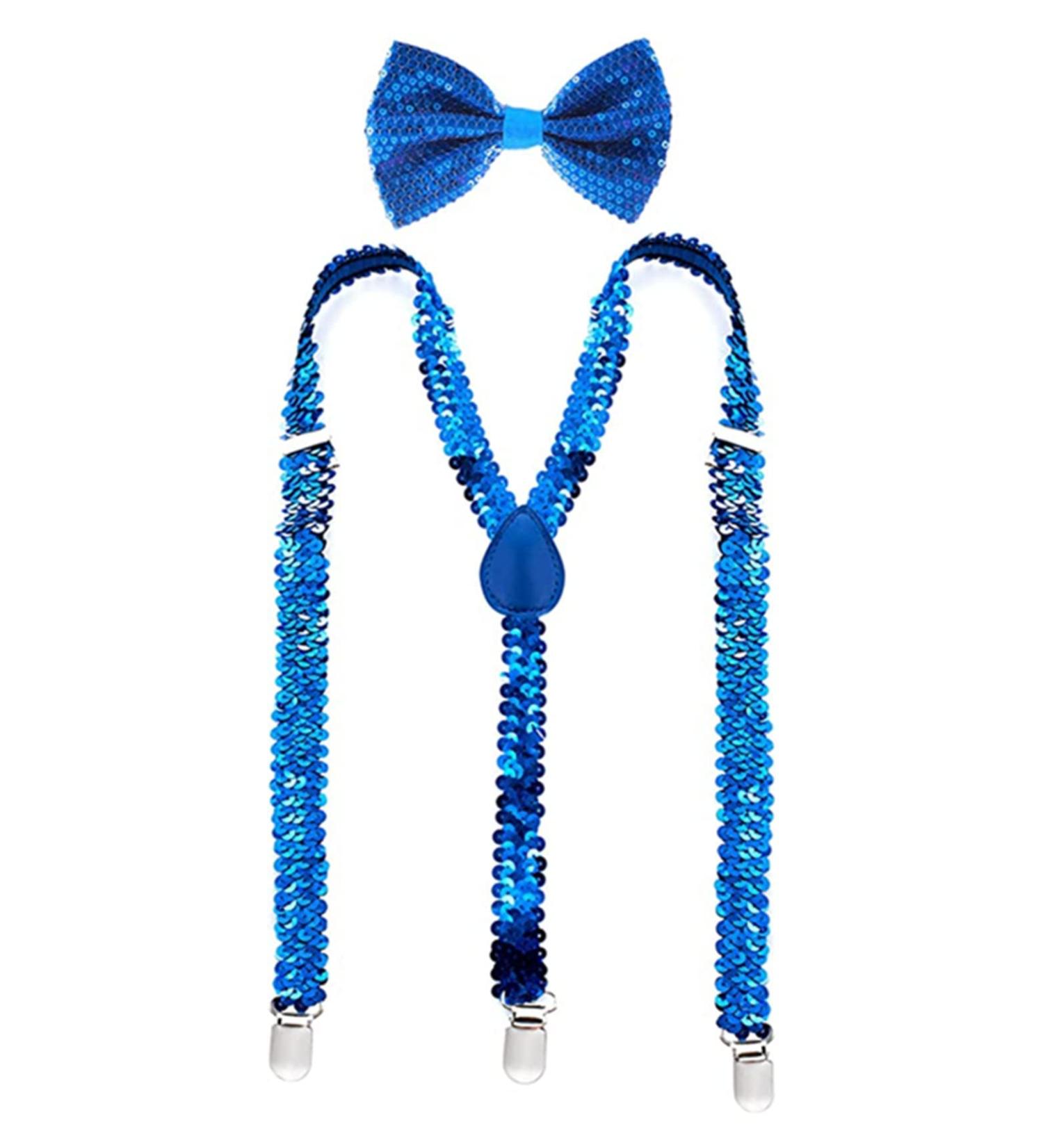 YUANZ Sequin Bow Tie & Suspenders Set - Y-Back Adjustable Unisex - Perfect for Cosplay & Parties (Blue) - Buy Online on SooperMarket.com
