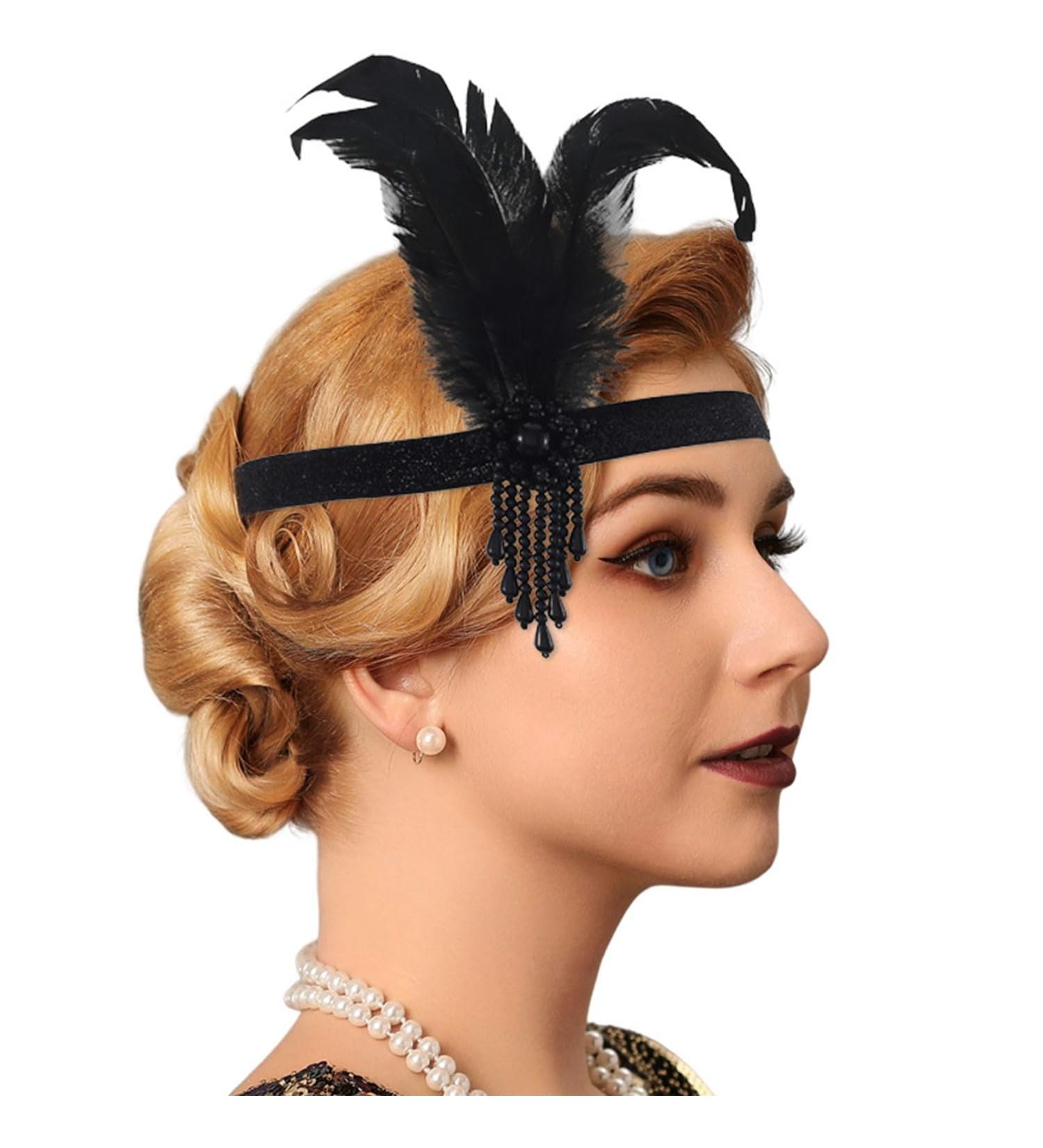 Handcess 1920s Flapper Feather Headband Black Feather Beaded Headband Women's Vintage Flapper Headpiece 20's Theme Cocktail Hair Accessories for Costume Prom Carnival Theme Party - Buy Online on SooperMarket.com