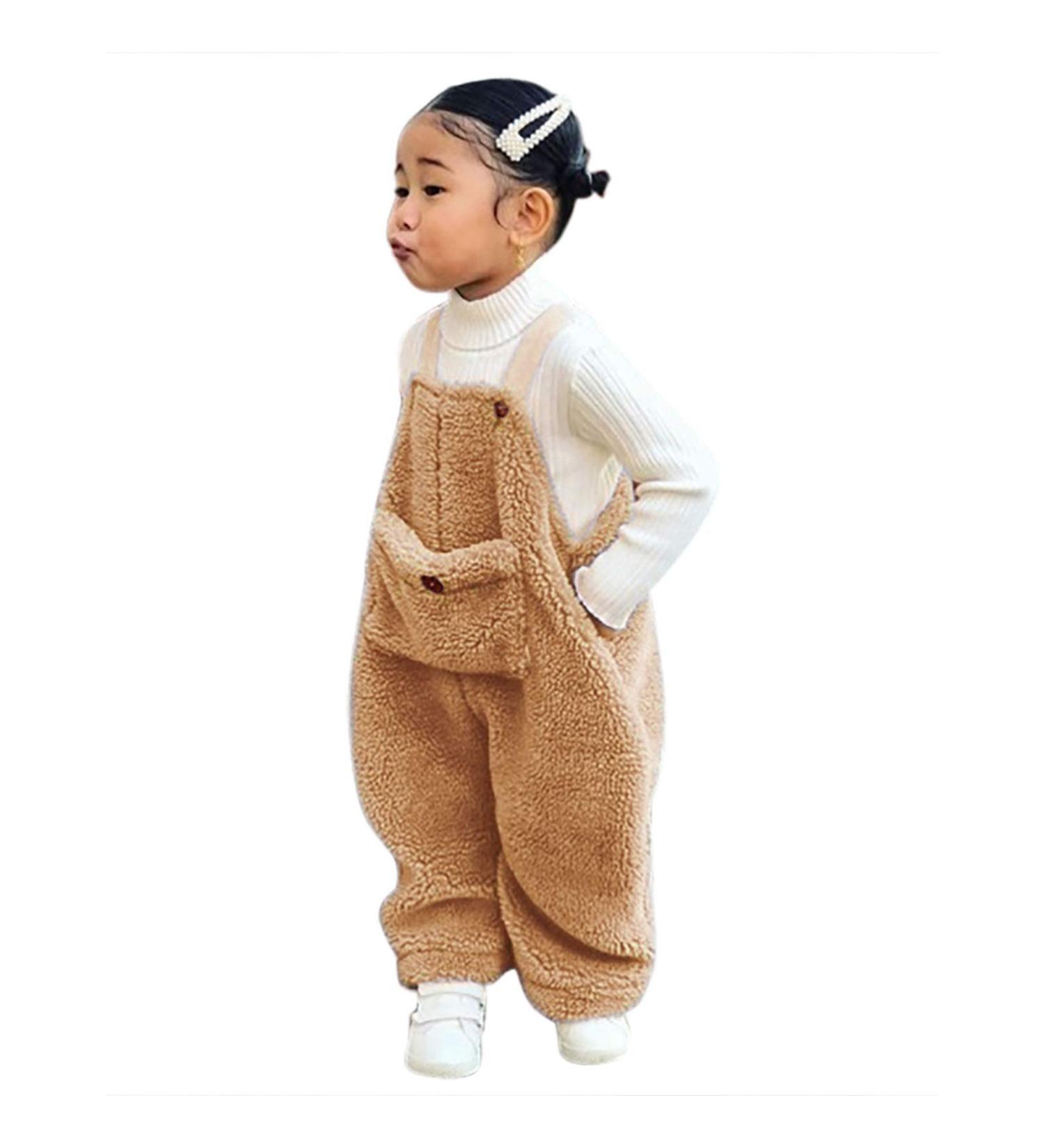 Flannel Winter Kids Suspender Pants | Warm Toddler Overalls for Boys & Girls | Cotton Leggings | Brown | Size 3-4T - Buy Online on SooperMarket.com