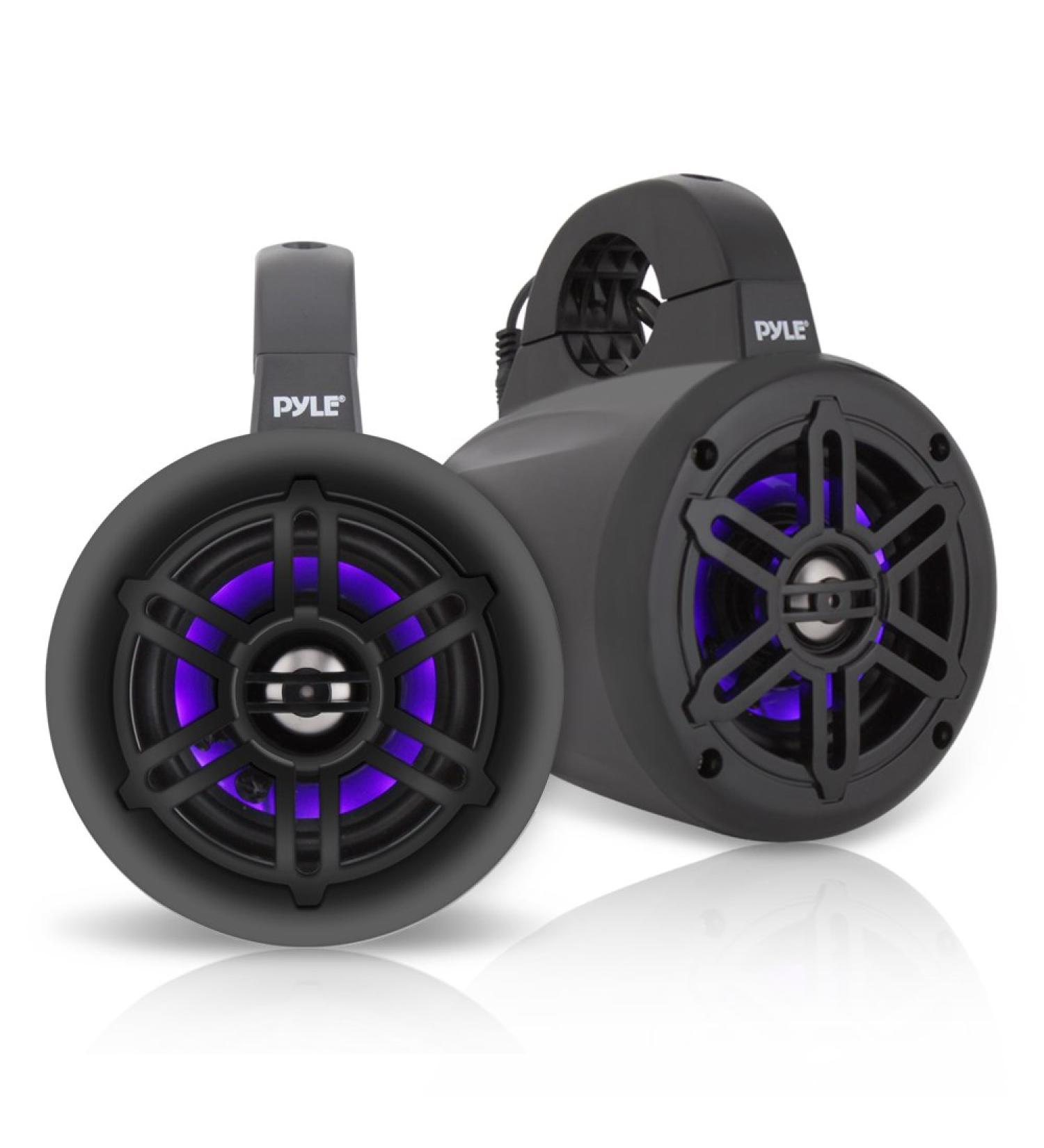 Pyle Waterproof Marine Wakeboard Tower Speakers - 4 Inch Dual Subwoofer Set - 300W Max Power - Built-in LED Lights - Black (PLMRLEWB46B) - Buy Online on SooperMarket.com