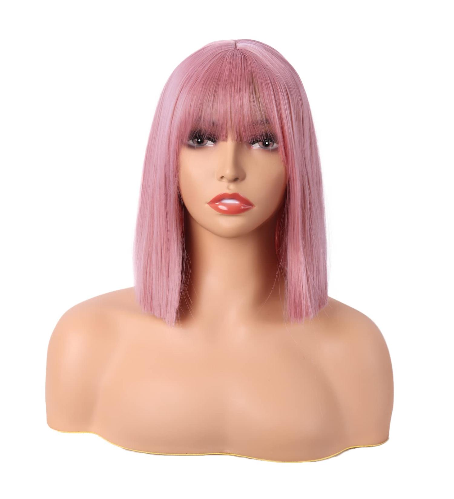 MapofBeauty 12 Inch/30 cm Straight Bob Flat Bangs Short Colorful Synthetic Hair Cosplay Party Wig (Rouge Pink) - Buy Online on SooperMarket.com