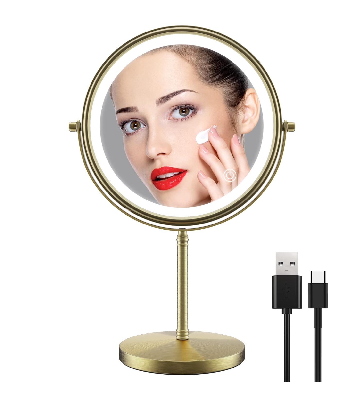 Zelaxy 8 Rechargeable Makeup Vanity Mirror with Lights - Double Sided 1X 10X Magnifying, 3 Color Lighting, Touch Sensor Dimming, Bronze - Buy Online on SooperMarket.com