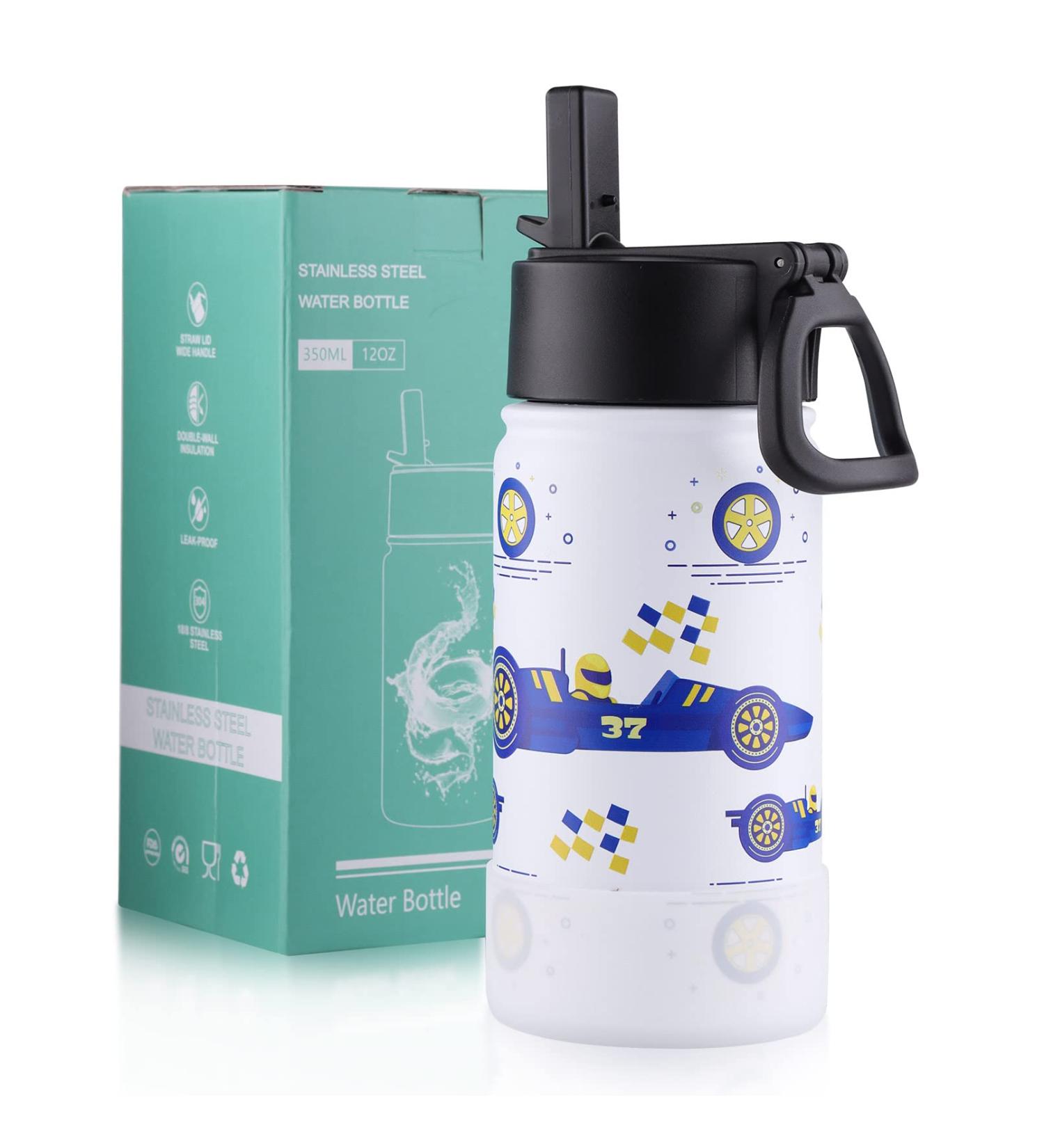 Kids 12oz Stainless Steel Insulated Water Bottle - BPA Free, Leak-Proof, White Racing Design - Keeps Drinks Hot/Cold - Ideal for School Boys and Girls - Buy Online on SooperMarket.com