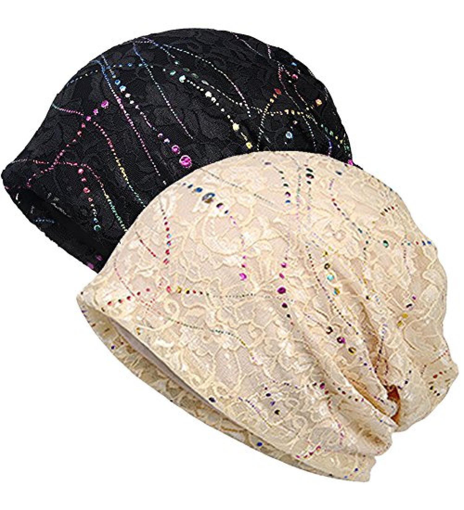 Womens Cotton Beanie Lace Turban Soft Sleep Cap Chemo Hats Fashion Slouchy Hat 2pack Black+beige Lace