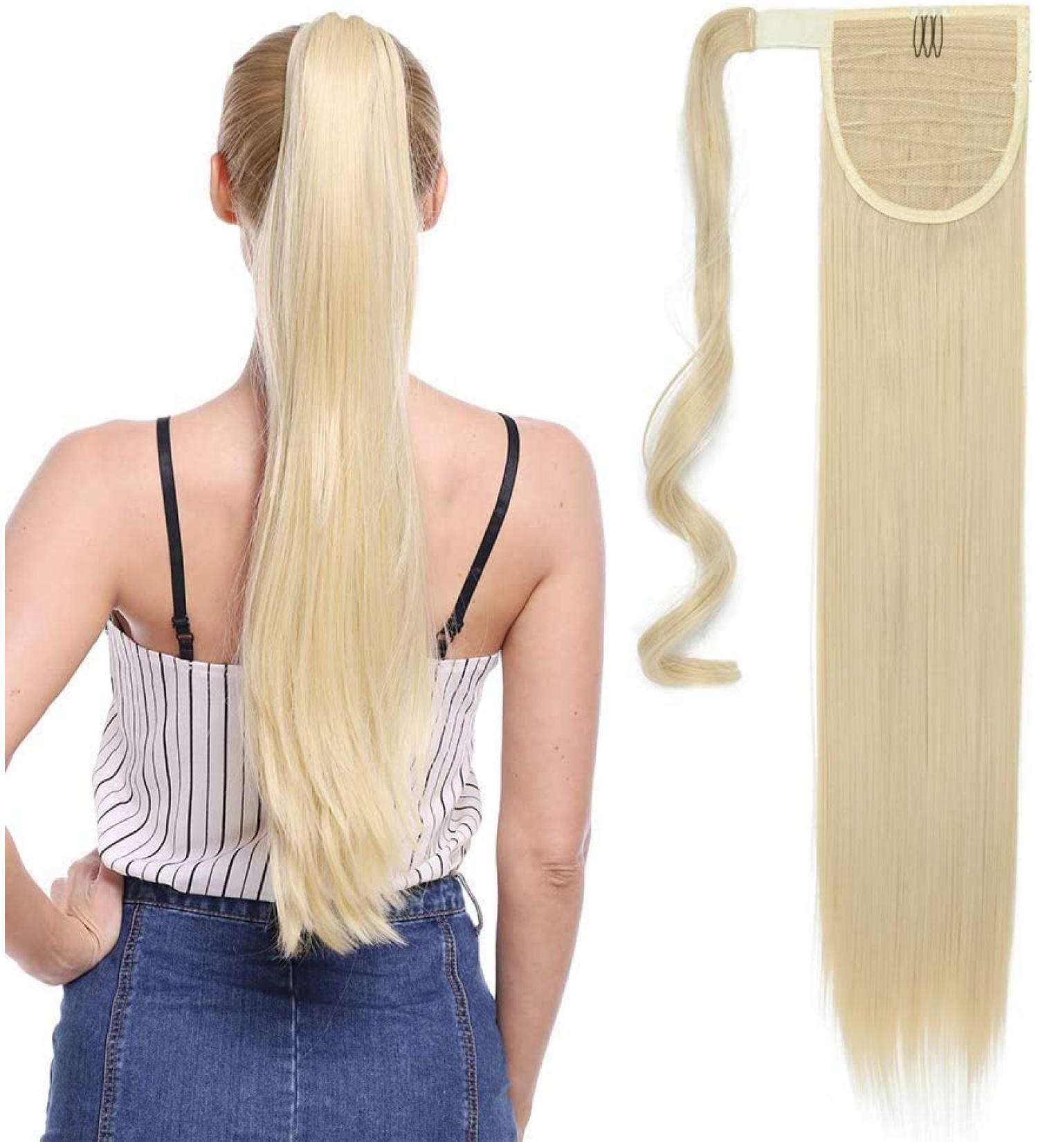 Silky Straight Clip in Ponytail Hair Extension 28 Inch - Heat-Resistant Fiber - Bleach Blond - Women's Wrap Around Pony Tail - Buy Online on SooperMarket.com