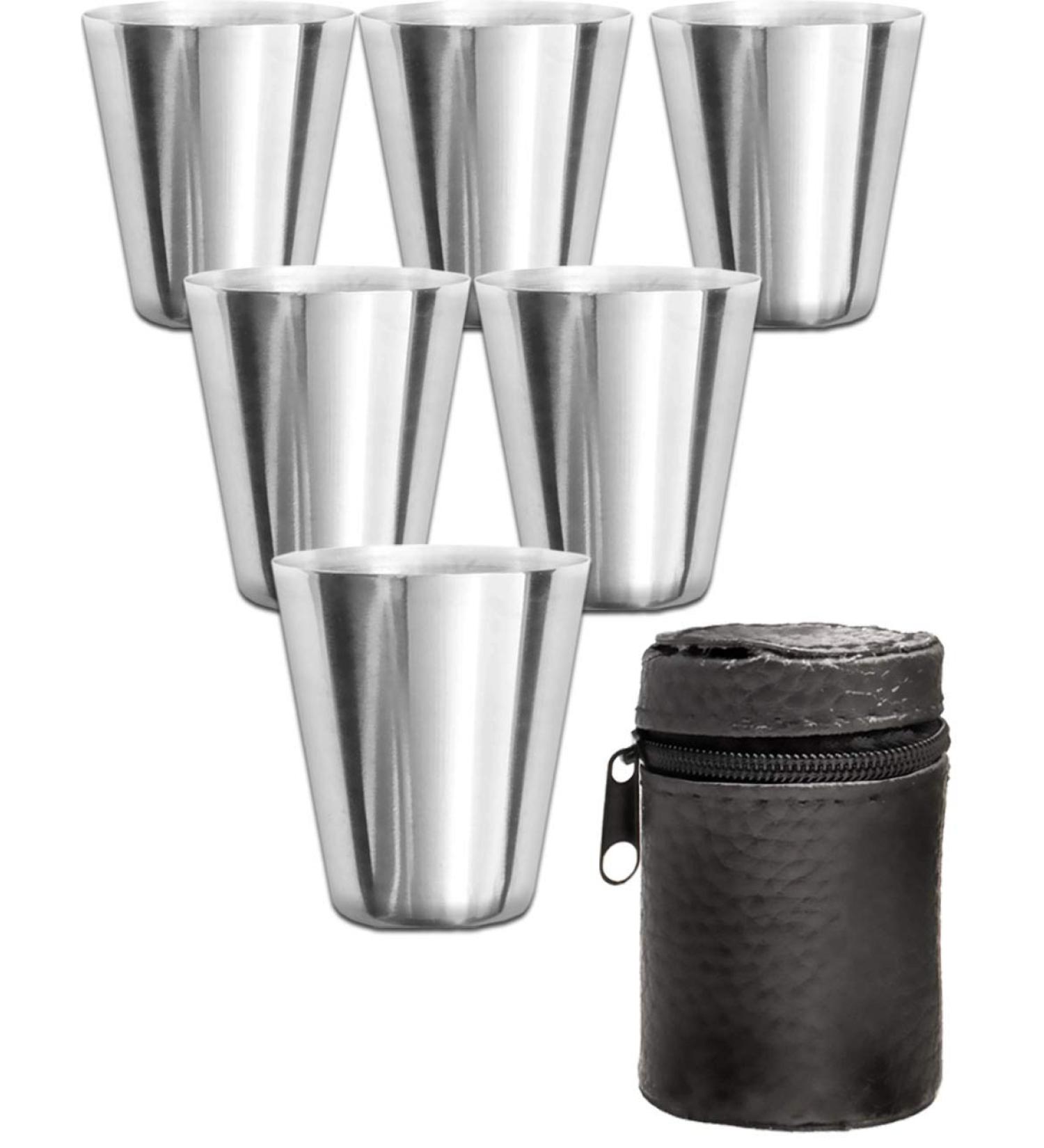 Outdoor Saxx Stainless Steel Cup Set - 6 Unbreakable Schnapps Cups with Leather Bag | Perfect Flachmann Accessories - Buy Online on SooperMarket.com