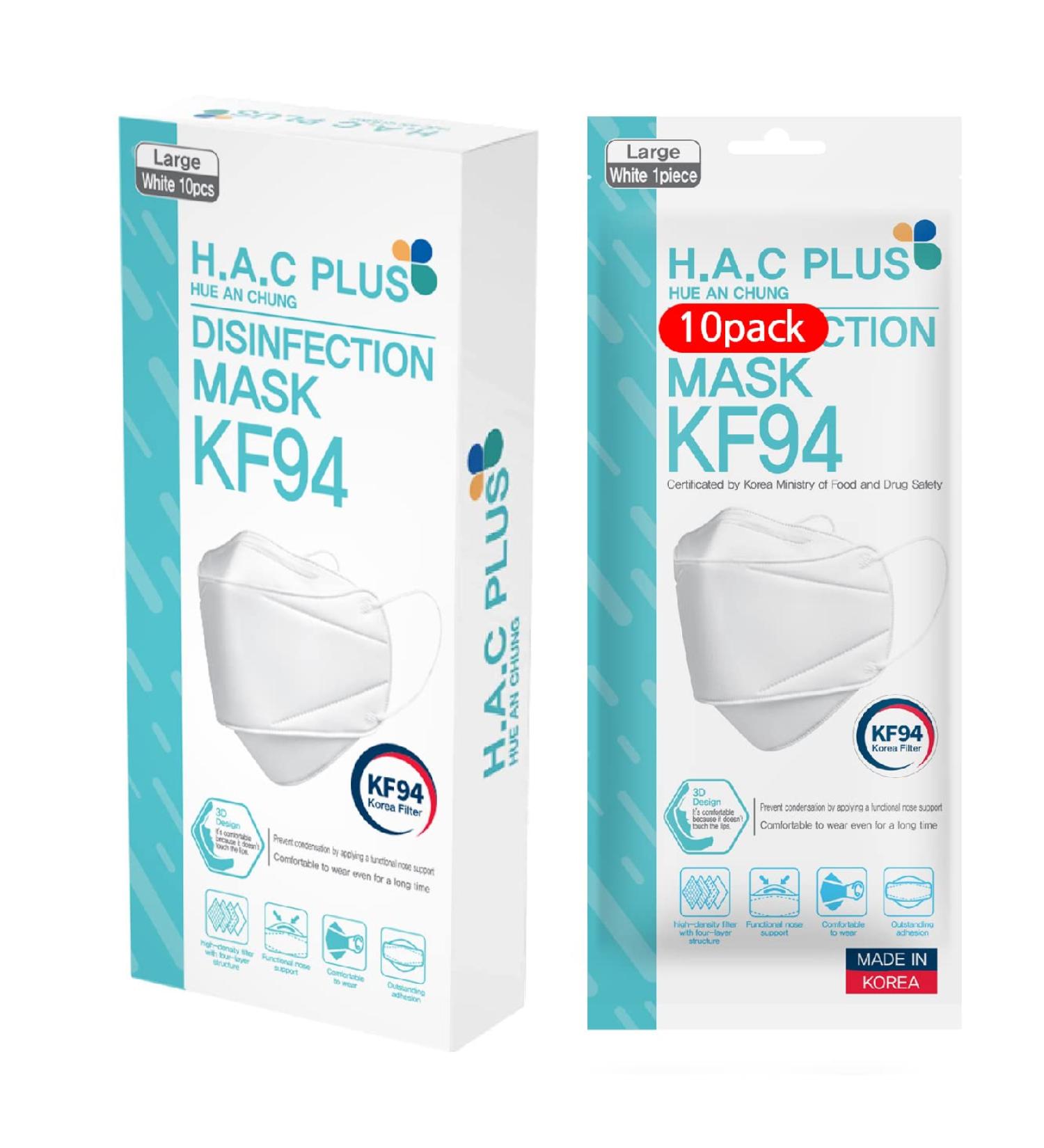 KF94 Face Mask for Adults - H.A.C PLUS Protective Mask (10 Pack) - Best Safety & Comfort - Buy Online on SooperMarket.com
