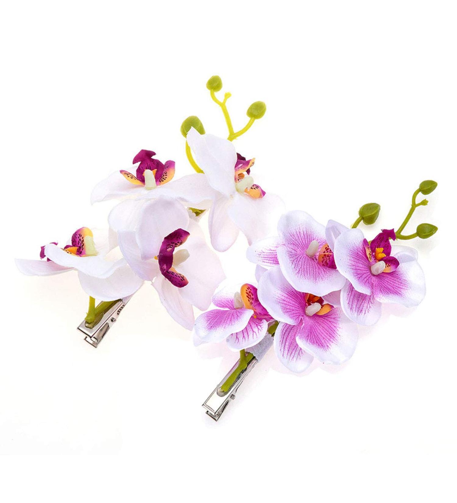 Hawaiian Orchid Flower Hair Clips - 2PCS White Purple Alligator Hairpins for Women Bridal Wedding Decoration - Buy Online on SooperMarket.com