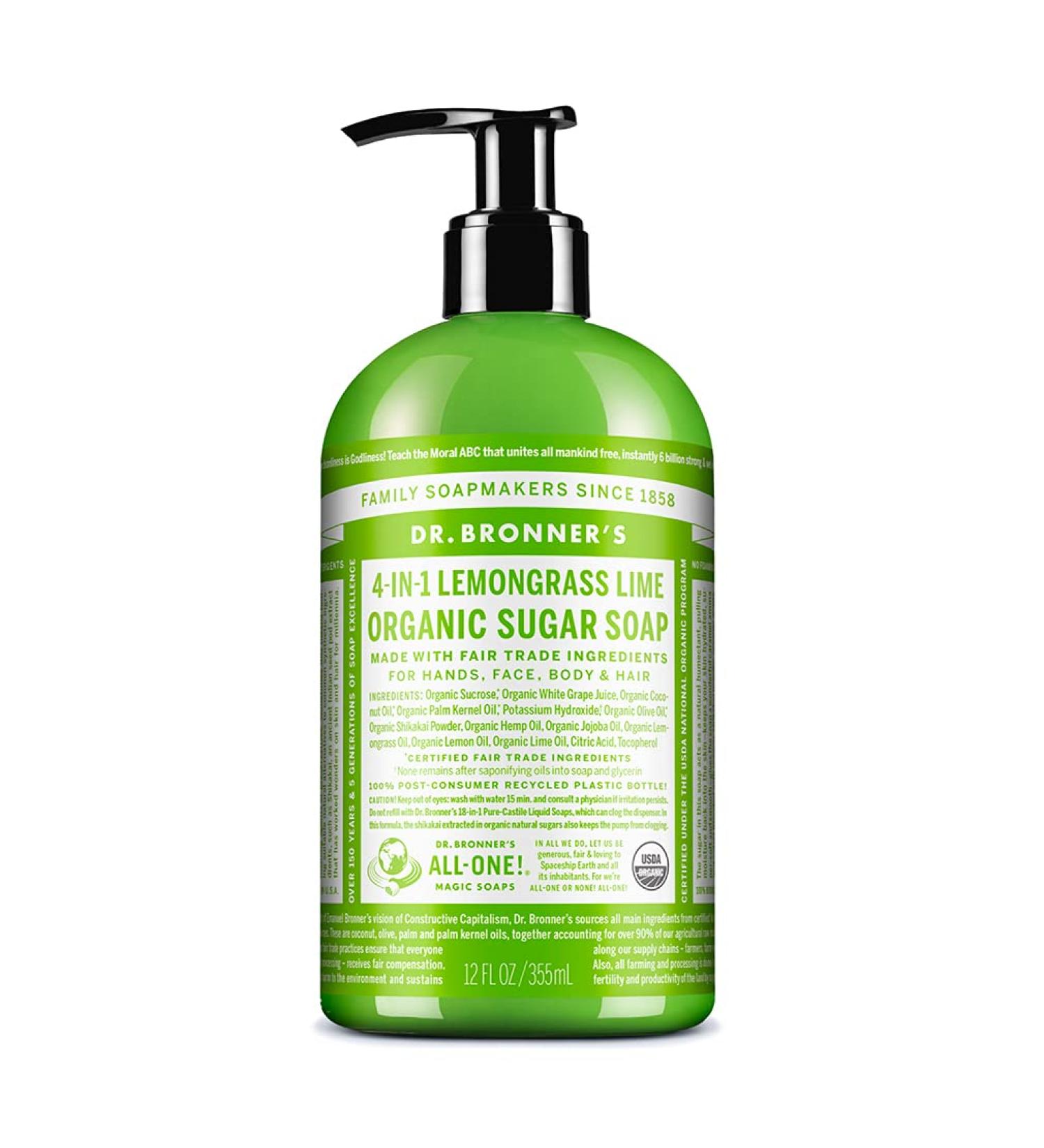 Dr. Bronner's Organic Lemongrass Sugar Soap - 12oz | 4-in-1 Use for Hands, Body, Face & Hair | Vegan Formula with Organic Oils & Shikakai Powder - Cleanses, Moisturizes & Nourishes - Buy Online on SooperMarket.com