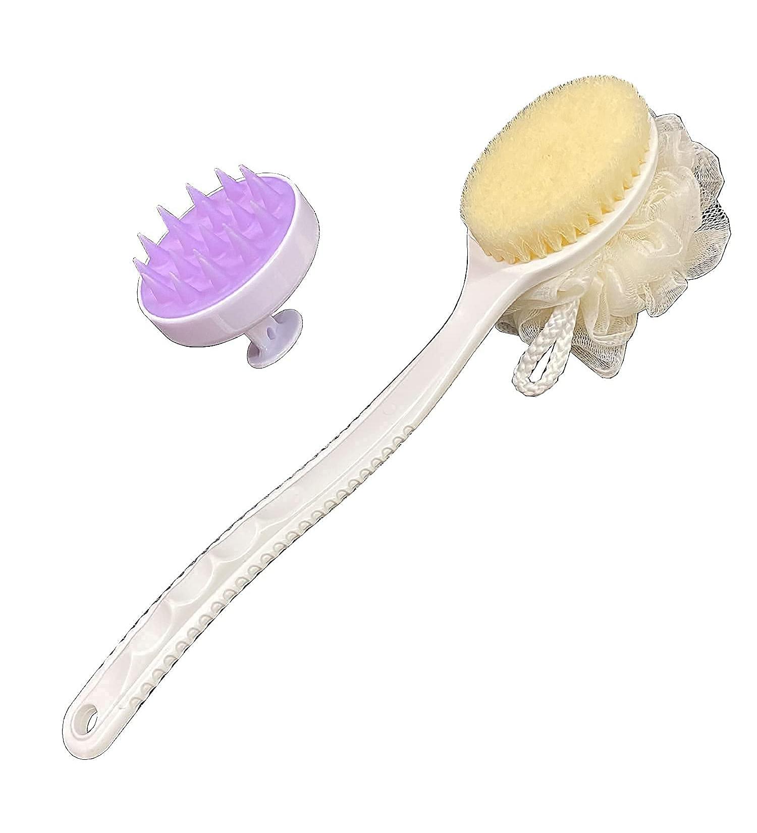 Shower Brush & Shampoo Brush with Long Handle - Body Brush with Bristles and Loofah Back Scrubber for Wet/Dry Bath - Buy Online on SooperMarket.com