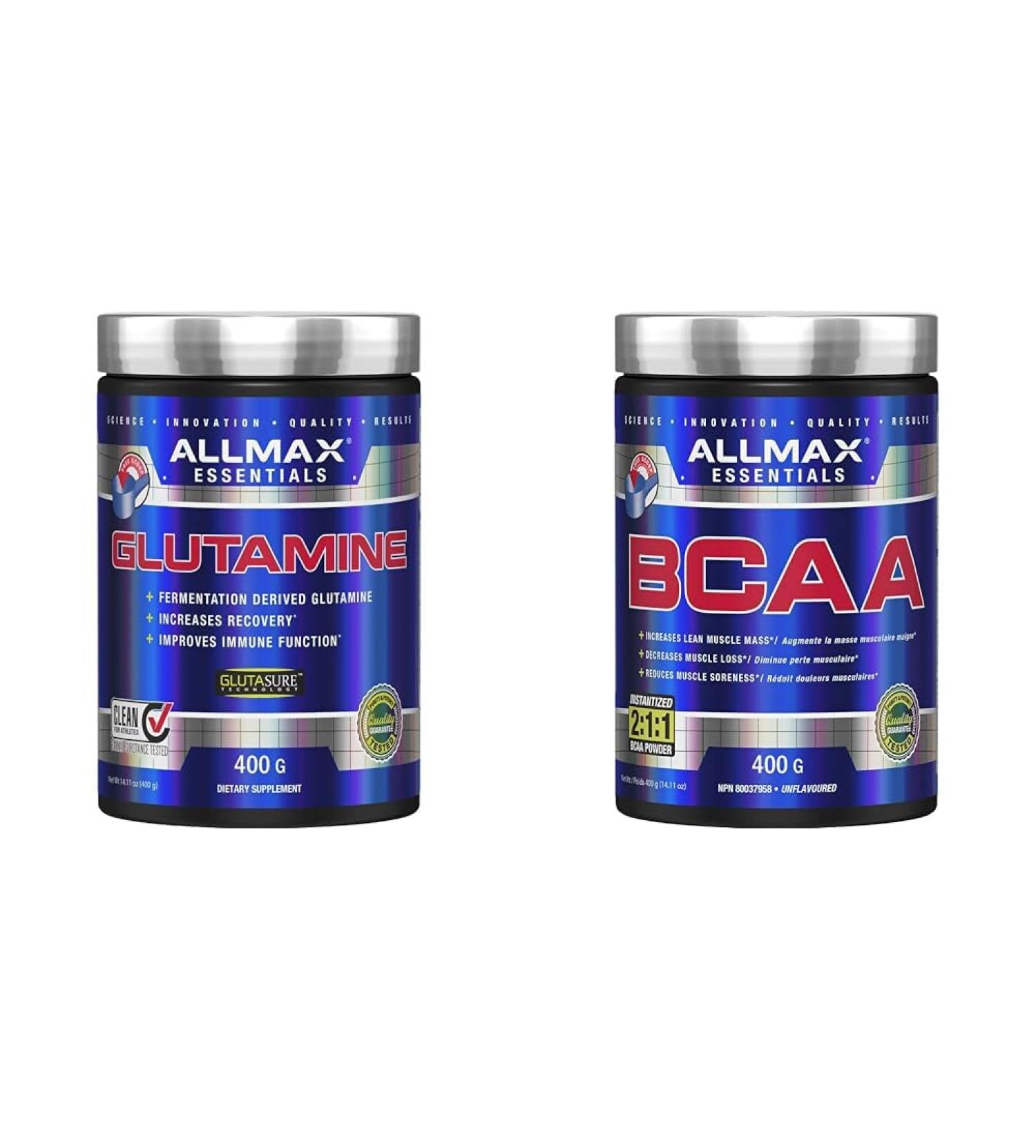 ALLMAX Nutrition - Glutamine Powder - 100% Pharmaceutical Grade - 400 Gram & BCAA 2:1:1-100% Pure Pharmaceutical Grade - Micronized Branched Chain Amino Acids - Gluten-Free 400 Gram - Buy Online on SooperMarket.com