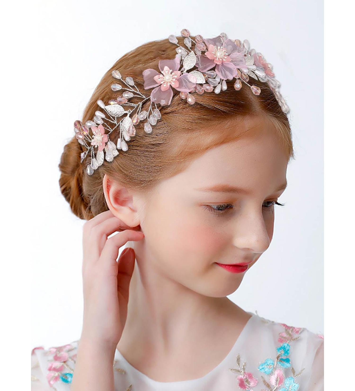 IYOU Flower Girl Headband Pink Floral Headpiece Pearl Leafs Commmunion Hair Vines Bridal Wedding Hair Accessories for Girls - Buy Online on SooperMarket.com