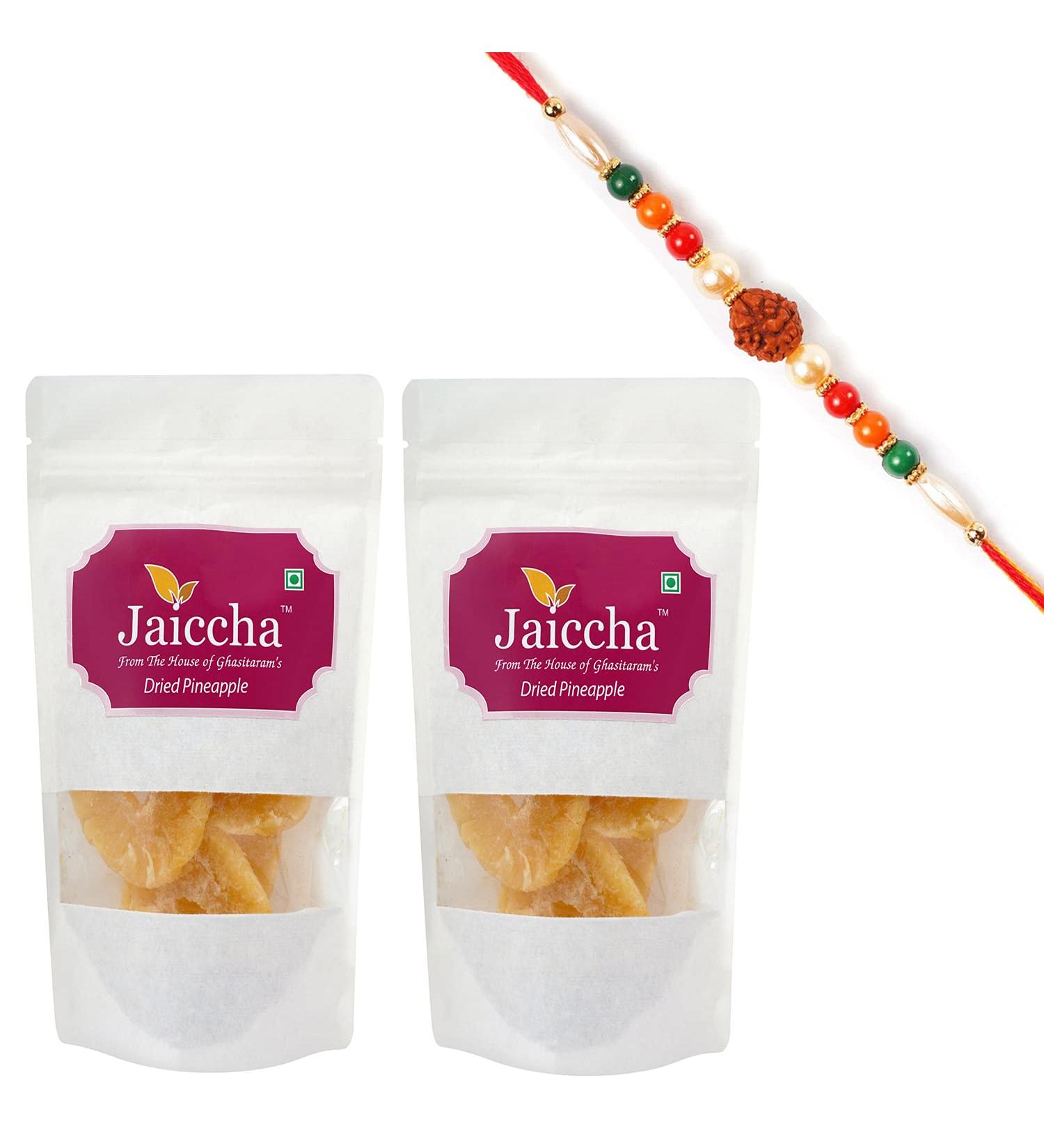 Jaiccha Ghasitaram Rakhi Gifts for Brothers Rakhi Dryfruits - Dried Pineapple 400 GMS in White Paper Pouch with Rudraksh Rakhi - Buy Online on SooperMarket.com