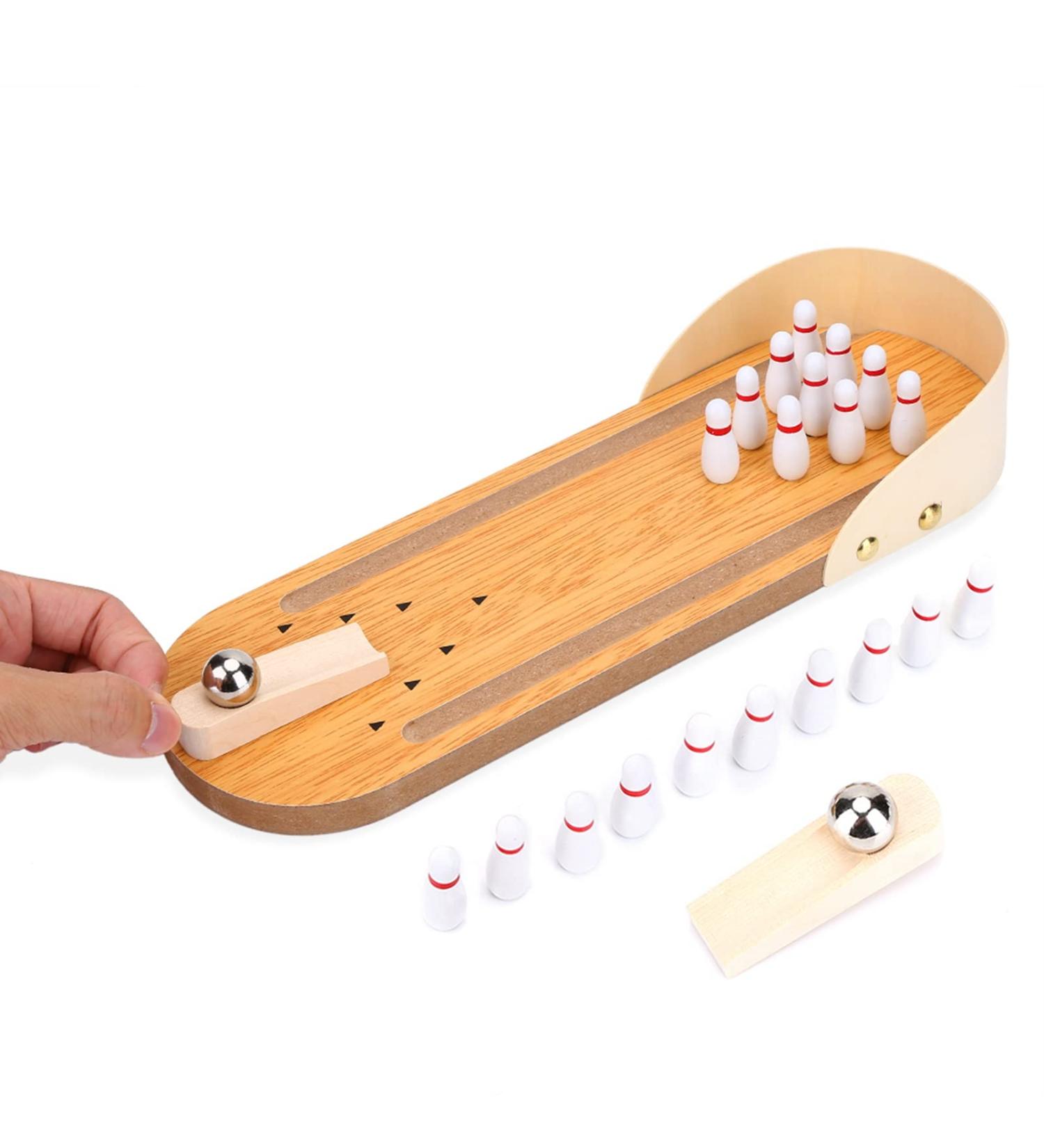 Mini Bowling Game Set - Tabletop Wooden Bowling Toy with 10 Pins and Metal Ball - Fun Home Bowling Alley for Adults & Kids - Buy Online on SooperMarket.com