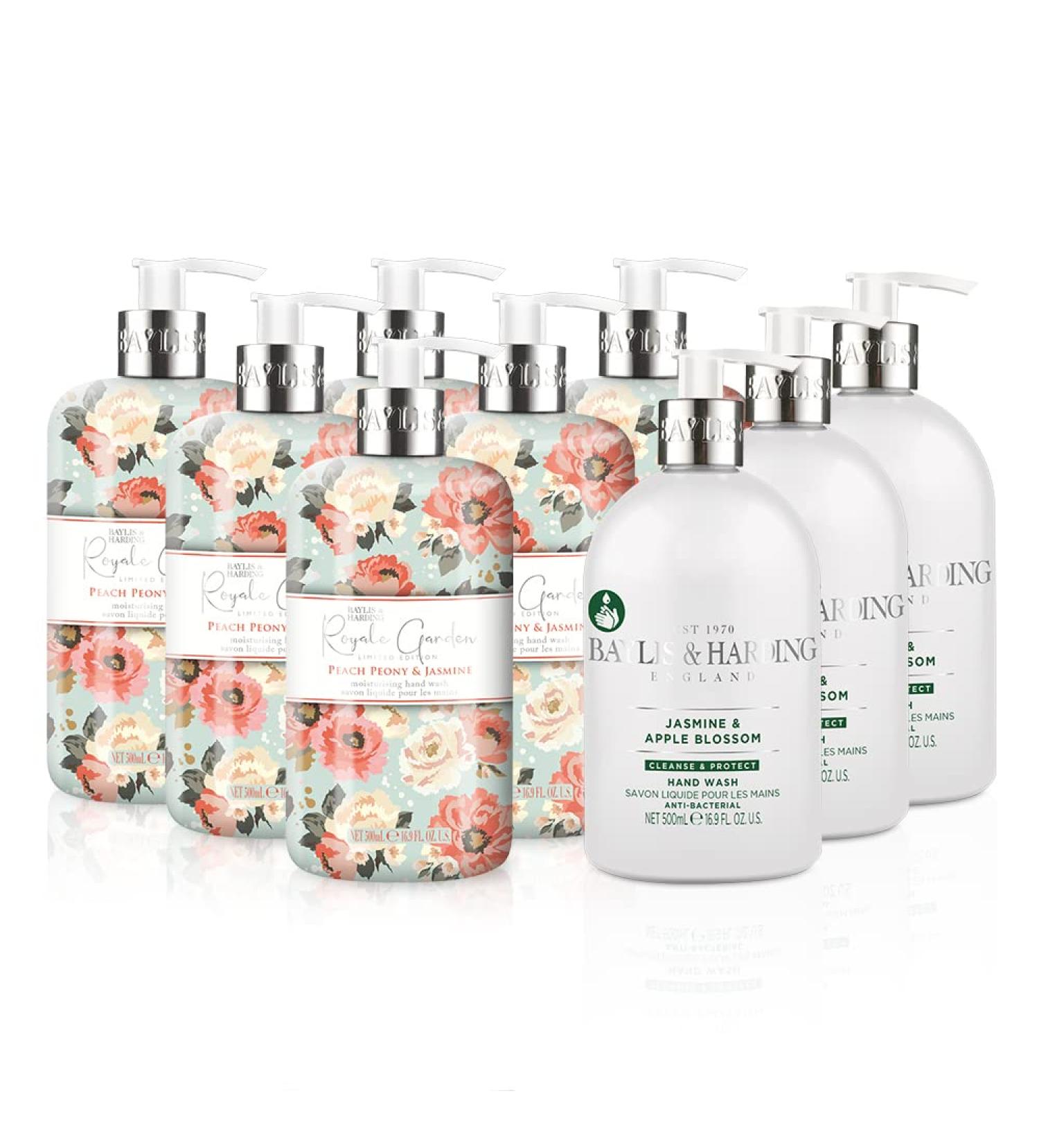 Baylis & Harding Hand Wash Bundle - 6 x 500ml Royale Garden Peach Peony & Jasmine + 3 x 500ml Anti-Bacterial Jasmine & Apple Blossom (9 Bottles) - Vegan Friendly - Buy Online on SooperMarket.com