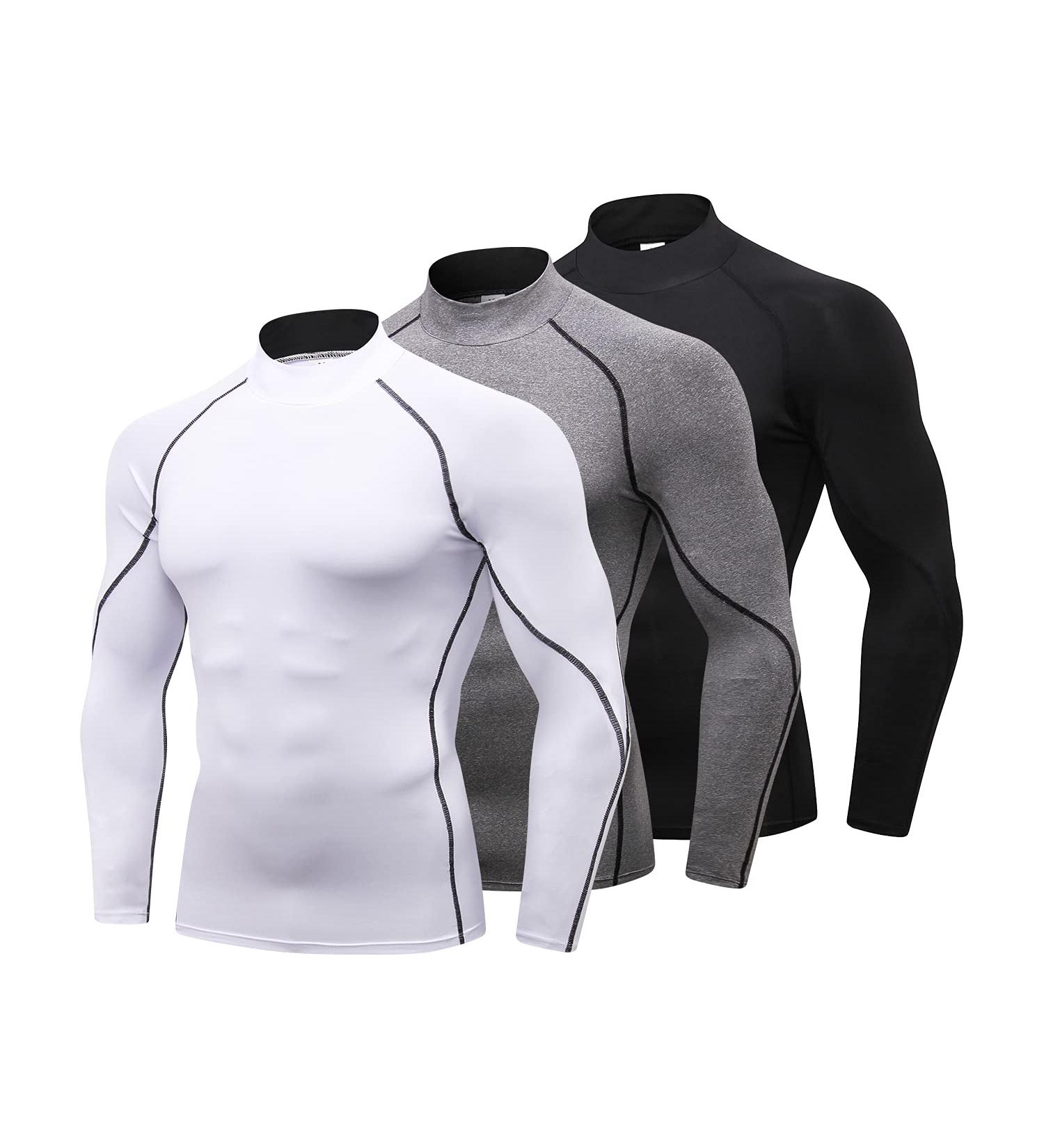 3 Pack Men's Mock Turtleneck Compression Shirts - Long Sleeve Sun Protection Workout Tops - Black, Gray, White - Large - Buy Online on SooperMarket.com