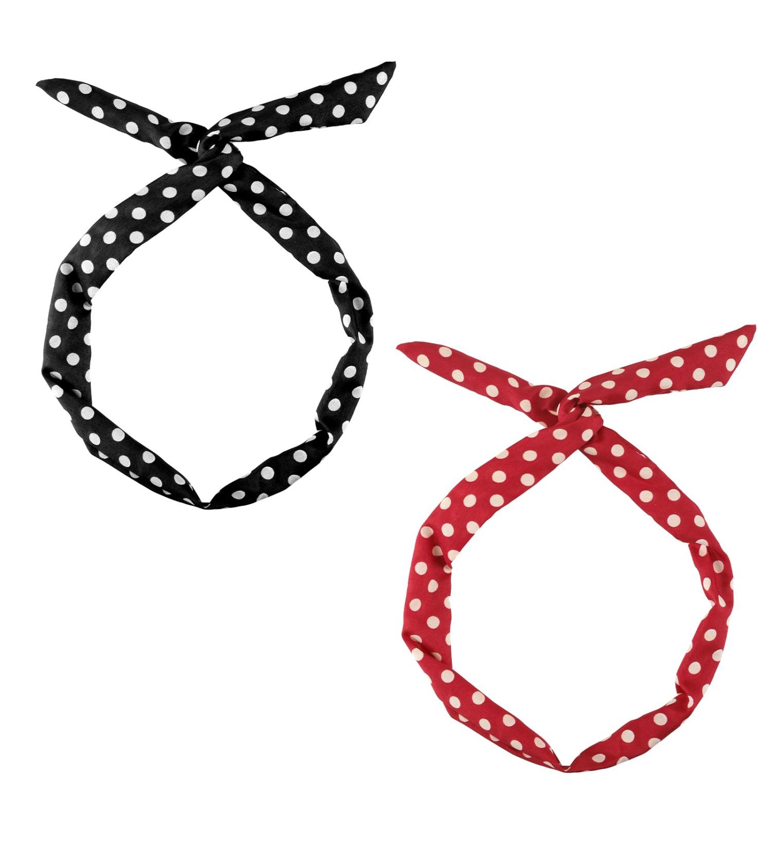Set of 2 Polka Dot Hair Bands for Girls and Women - Retro 50s Style Bandana - Vintage Adjustable Christmas Headband in Soft Cotton (Red Black) - Buy Online on SooperMarket.com