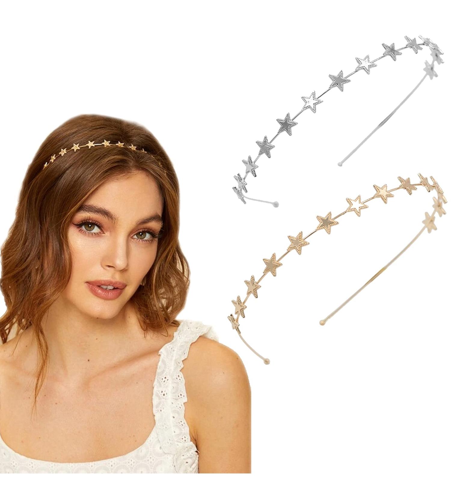 2 Pack Gold & Silver Alloy Star Headbands - Bridal Wedding Hair Accessories for Women and Girls | Elegant Ornaments - Buy Online on SooperMarket.com
