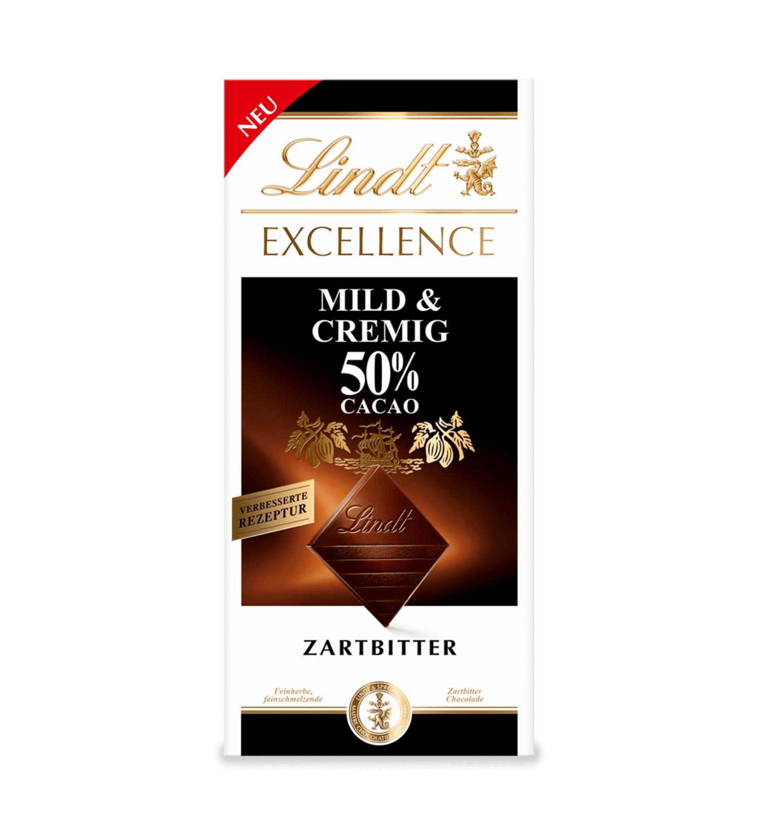 Shop Lindt Excellence Mild & Creamy 50% Cocoa Dark Chocolate 100g - Extra Mild & Fine-Torn Bitter Taste | International Shipping Available - Buy Online on SooperMarket.com