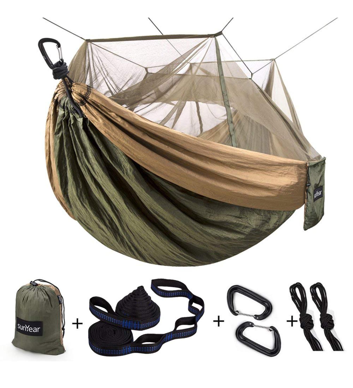 Sunyear Camping Hammock  Portable Double Hammock with Net  2 Person Hammock Tent with 2*10ft Straps  Best for Outdoor Hiking Survival Travel Army Green/Khahi 55"W*106"L - Buy Online on SooperMarket.com
