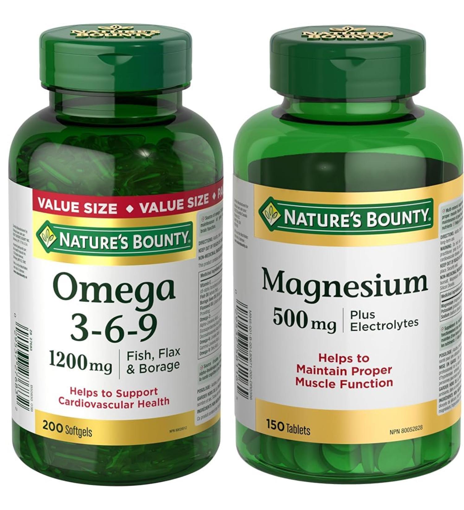 Nature's Bounty Omega 3 6 9 Fish Oil 1200mg Pills Supplement Helps Support Cognitive Health and Brain Function 200 Softgels & Magnesium 500 mg Plus Electrolytes 150 Tablets (Package May Vary) Supplement + Magnesium 500 mg - Buy Online on SooperMarket.com