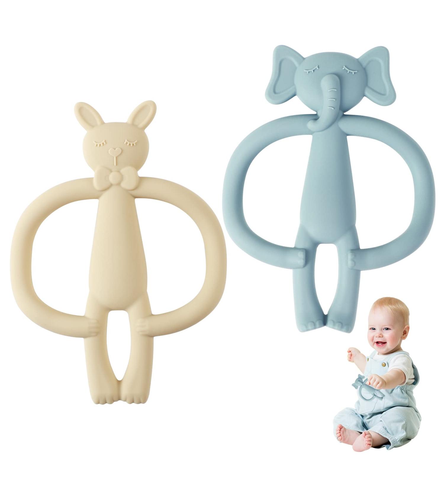 Clundoo Baby Biting Toys - Silicone Elephant & Rabbit Dental Aids for 3-24 Months - Soothe Sore Gums with Comfortable Bite Rings - Buy Online on SooperMarket.com