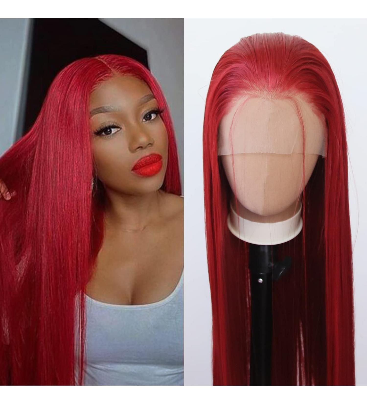 Towarm Dark Red Synthetic Lace Front Wig - Long Straight Heat Resistant Fiber Hair for Black Women - Cosplay/Daily Wear - Red - Buy Online on SooperMarket.com